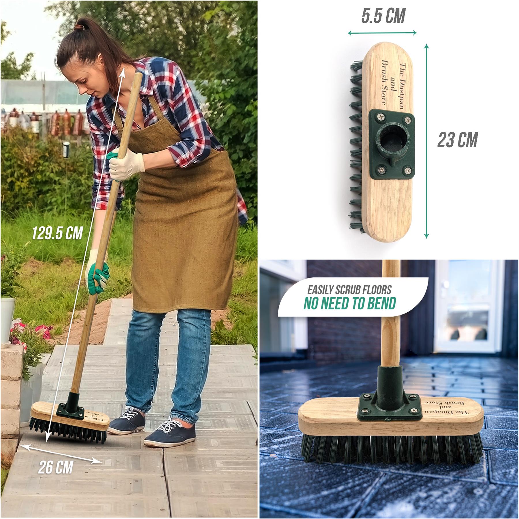 Woman using a push broom outdoors with measurements and product details on a white background.