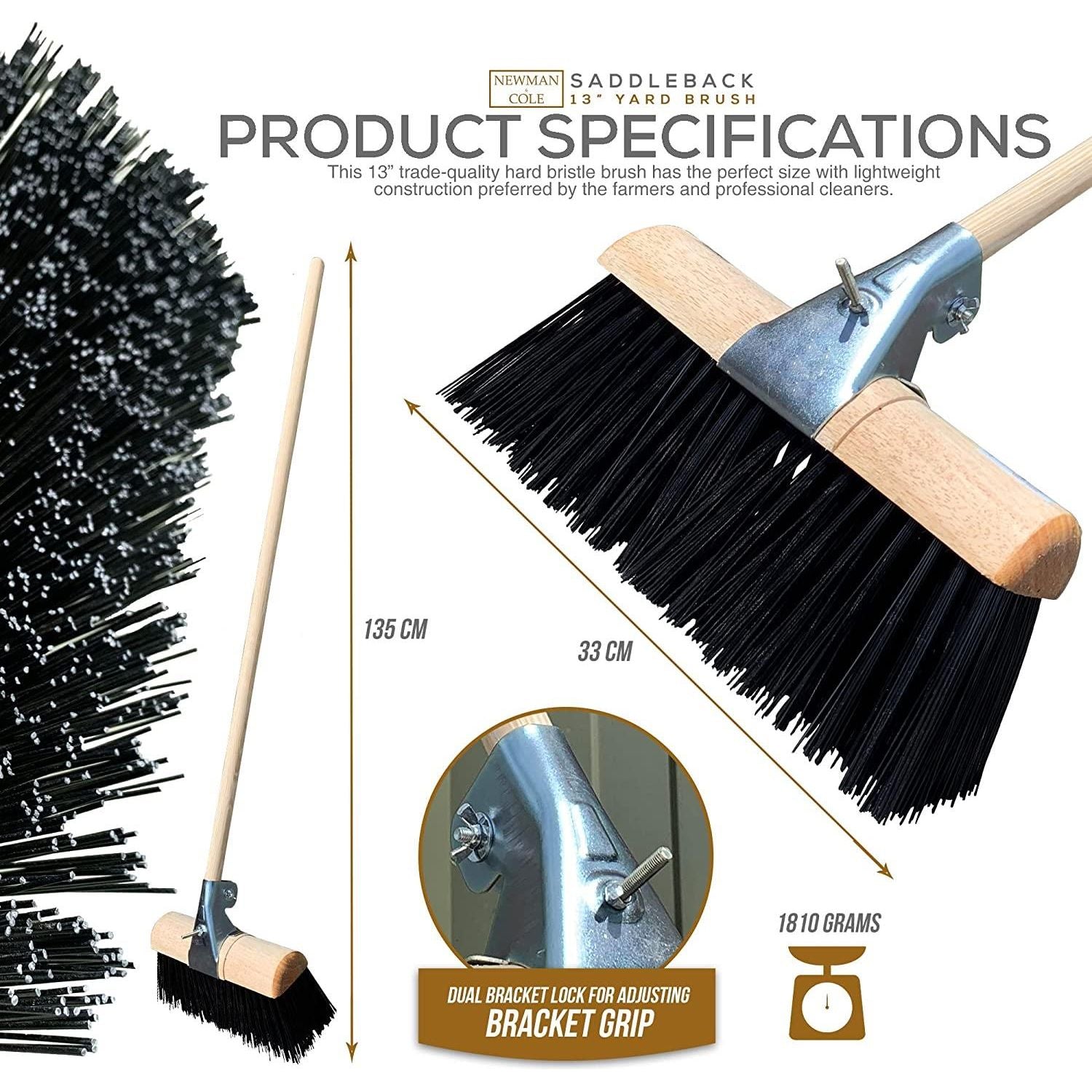 13" Newman and Cole Synthetic Saddle Broom Head with Bracket & Handle - The Dustpan and Brush Store