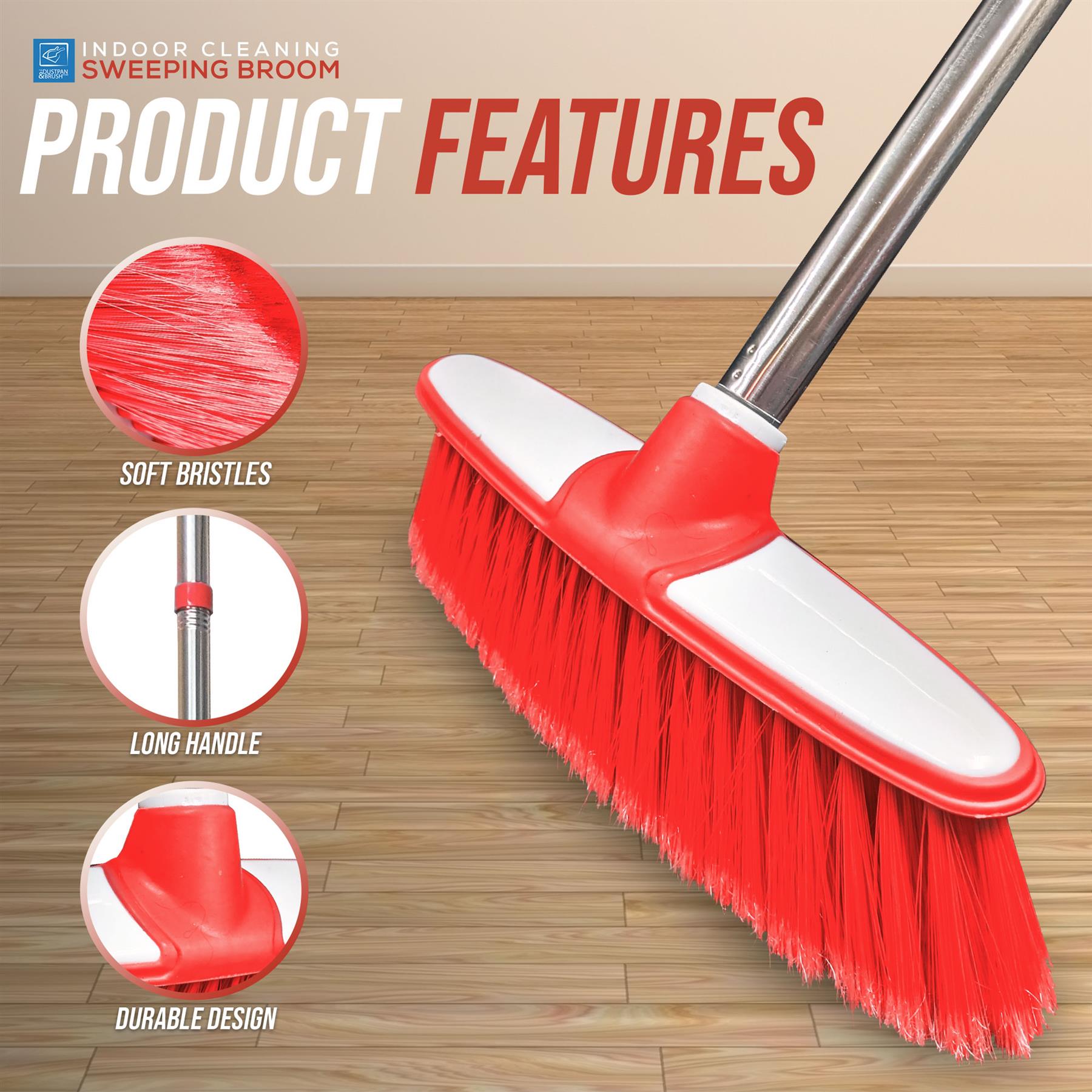 Red & White Indoor Broom with 4 Piece Handle product features on a wooden floor