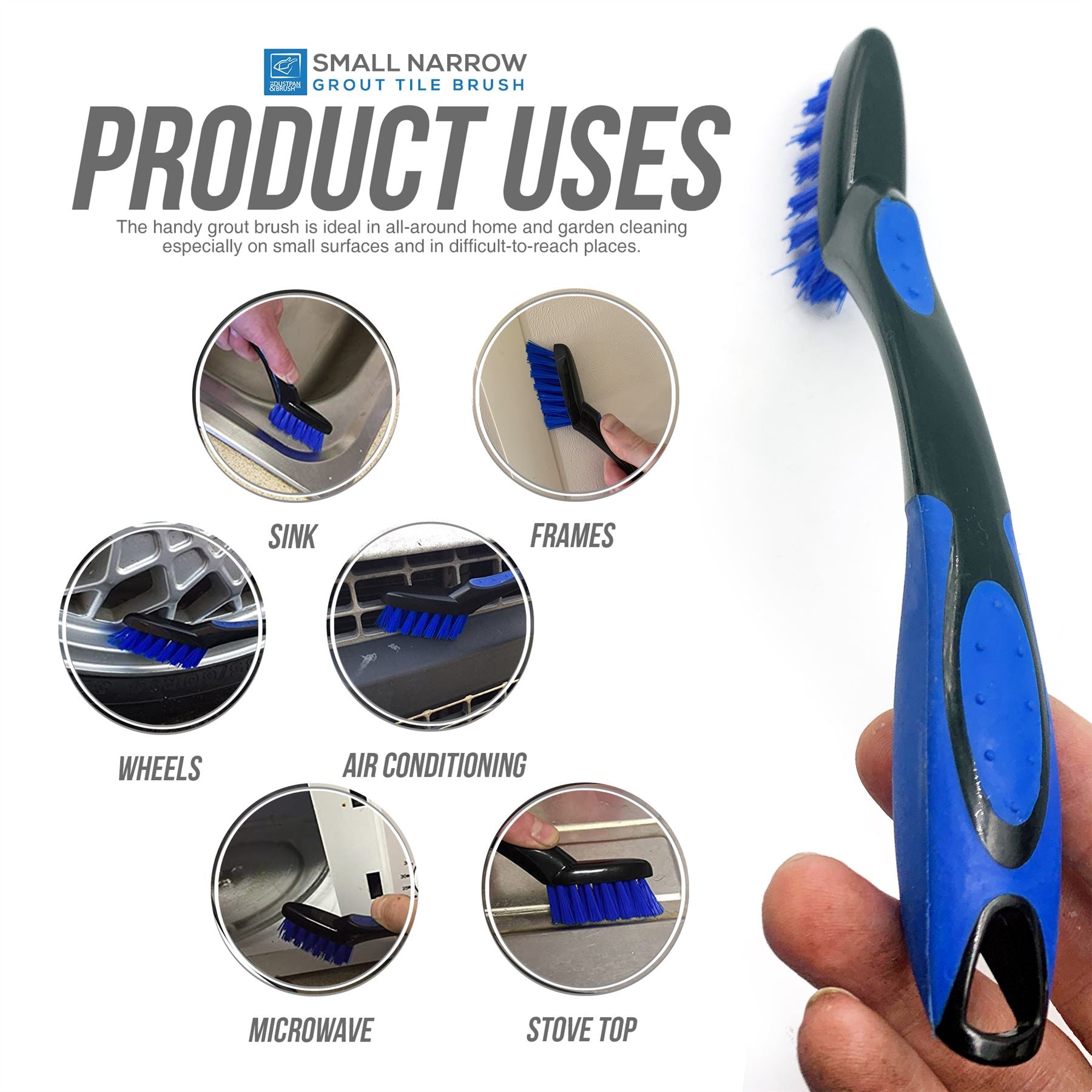 Small narrow grout tile brush with product uses on a white background
