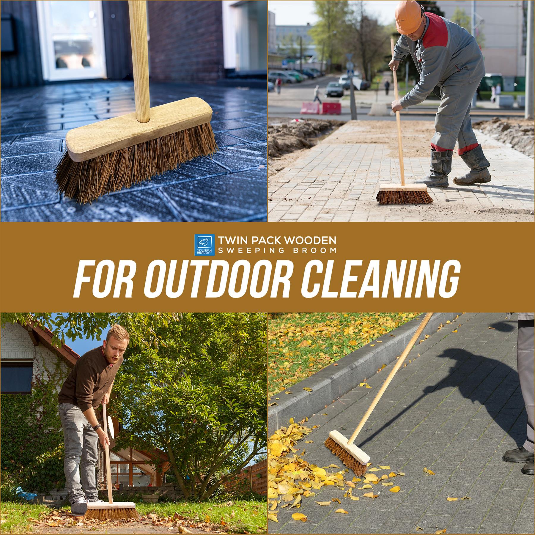 Collage of a wooden broom being used for outdoor cleaning with text about a twin pack wooden sweeping broom.