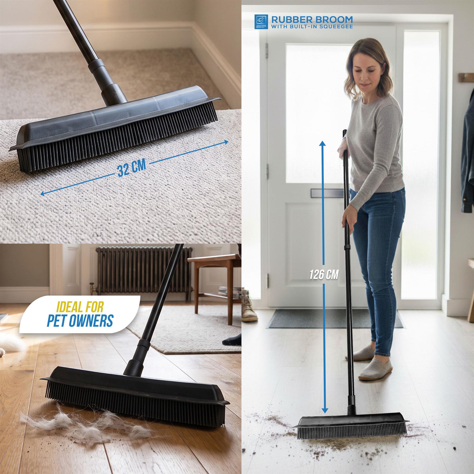 Rubber Broom with Extending Handle | Pet Hair Remover Brush - The Dustpan and Brush Store