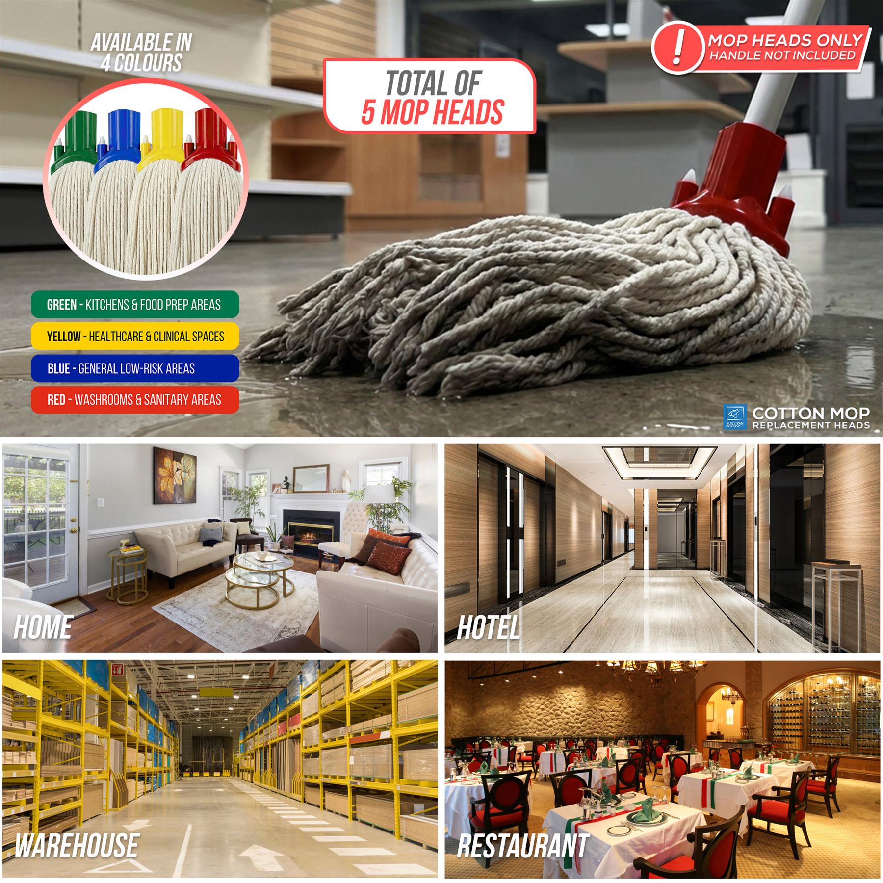 A cotton mop head with a red plastic handle is shown on a wet floor in a collage-style promotional graphic. The top section includes a color options inset, a 'Total of 5 Mop Heads' banner, a warning label, and a brand logo.