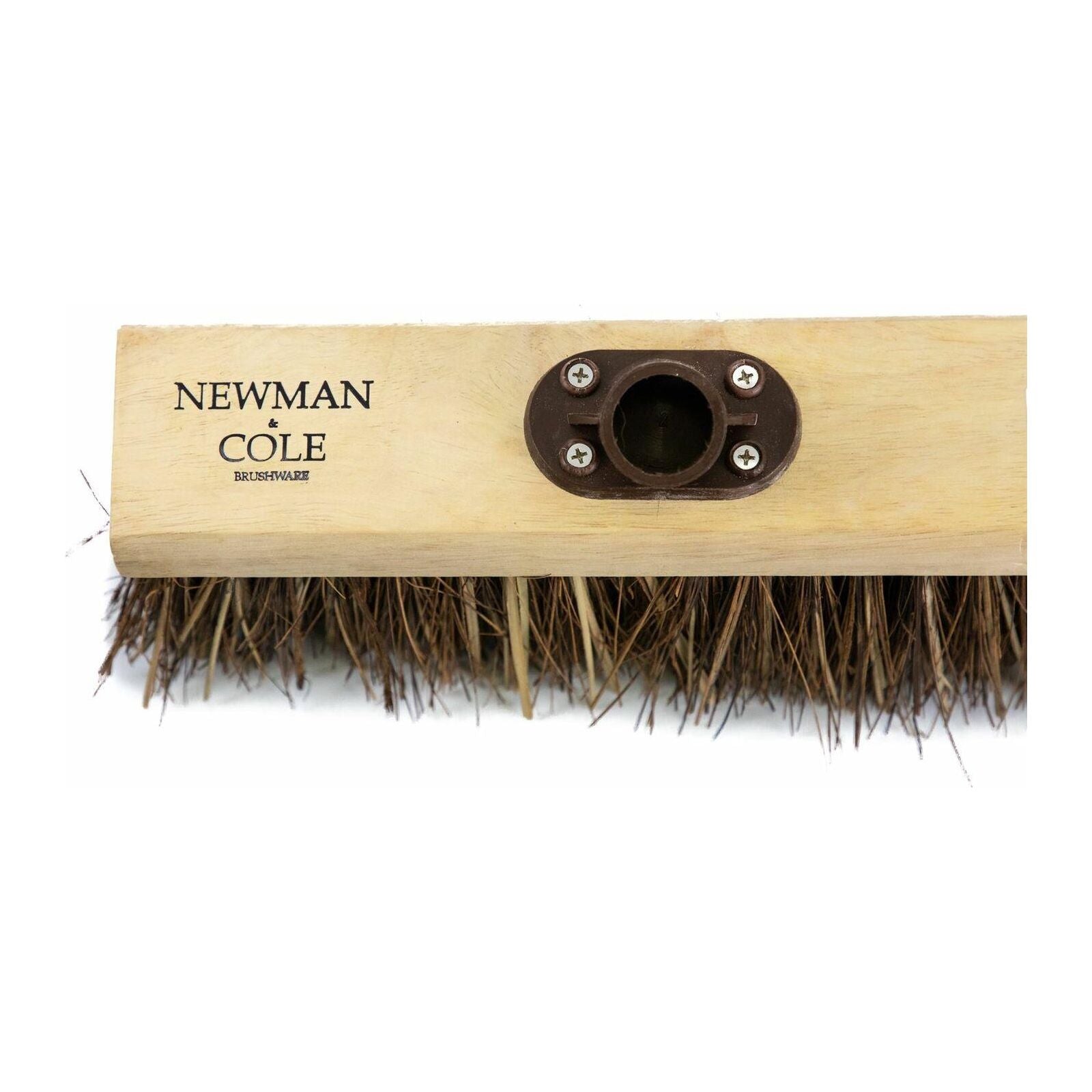 13" Newman and Cole Nautral Stiff Bass & Cane Flat Broom Head with Plastic Socket and Wooden Handle - The Dustpan and Brush Store