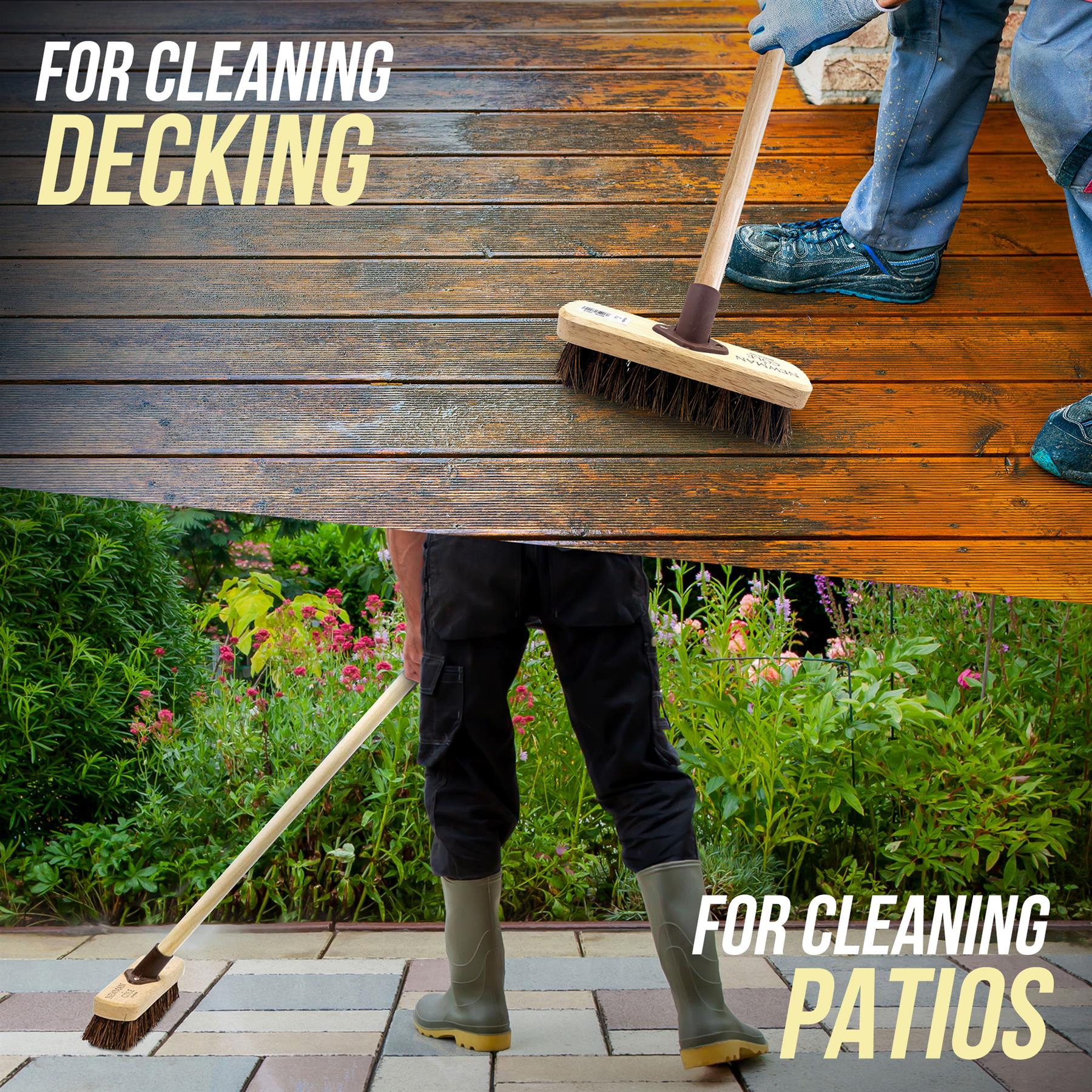 Person cleaning a wooden deck with a brush, surrounded by greenery.