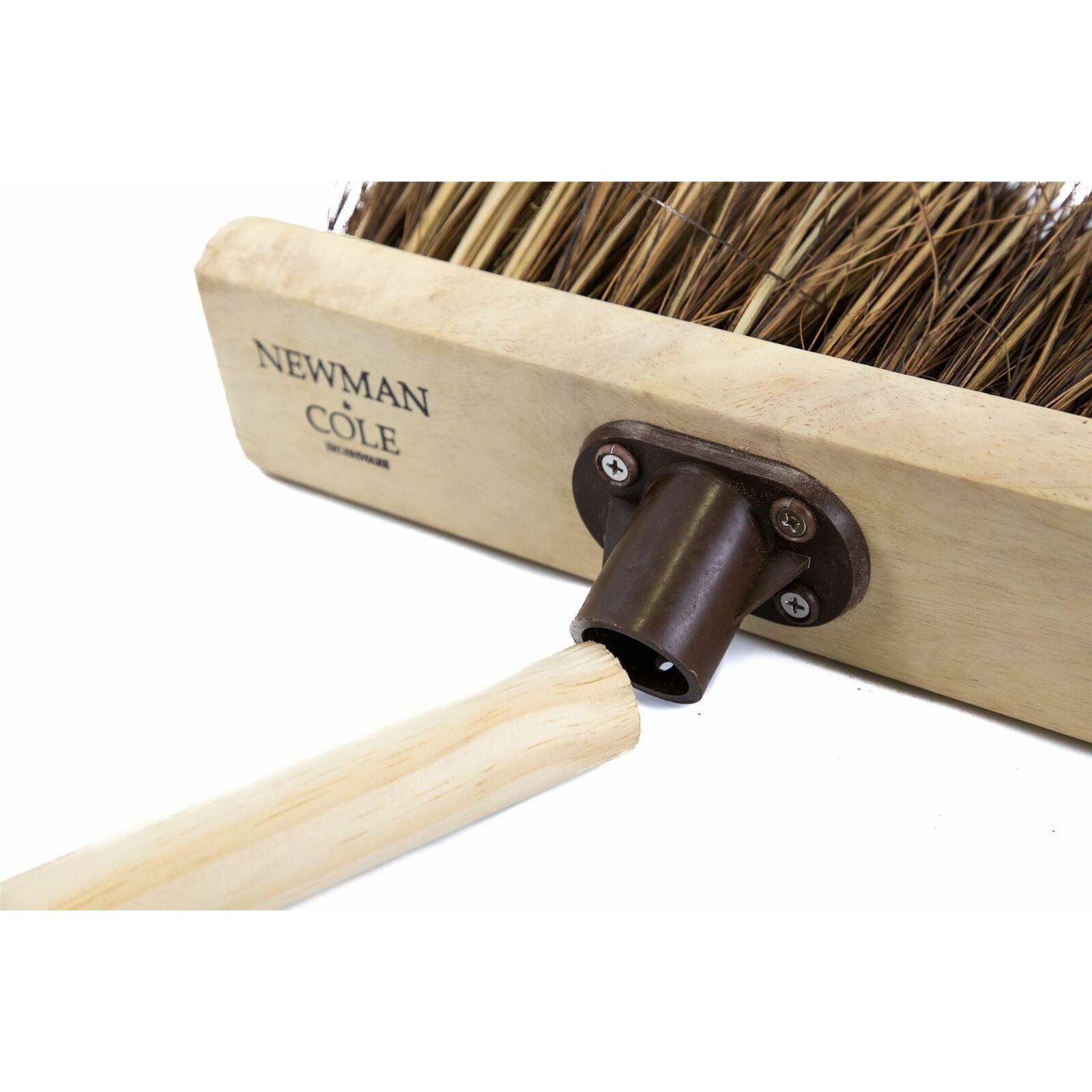 13" Newman and Cole Nautral Stiff Bass & Cane Flat Broom Head with Plastic Socket and Wooden Handle - The Dustpan and Brush Store