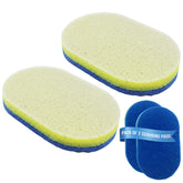 Two oval scouring pads shown on a white background, with one larger pad and one smaller pad, plus a small blue pouch labeled 'PACK OF 2 SCOURING PADS'.