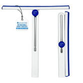 A retractable handy squeegee shown in three views: fully extended, folded flat, and inside its storage sleeve. The product is white with a blue accent trim and a silver metal handle.