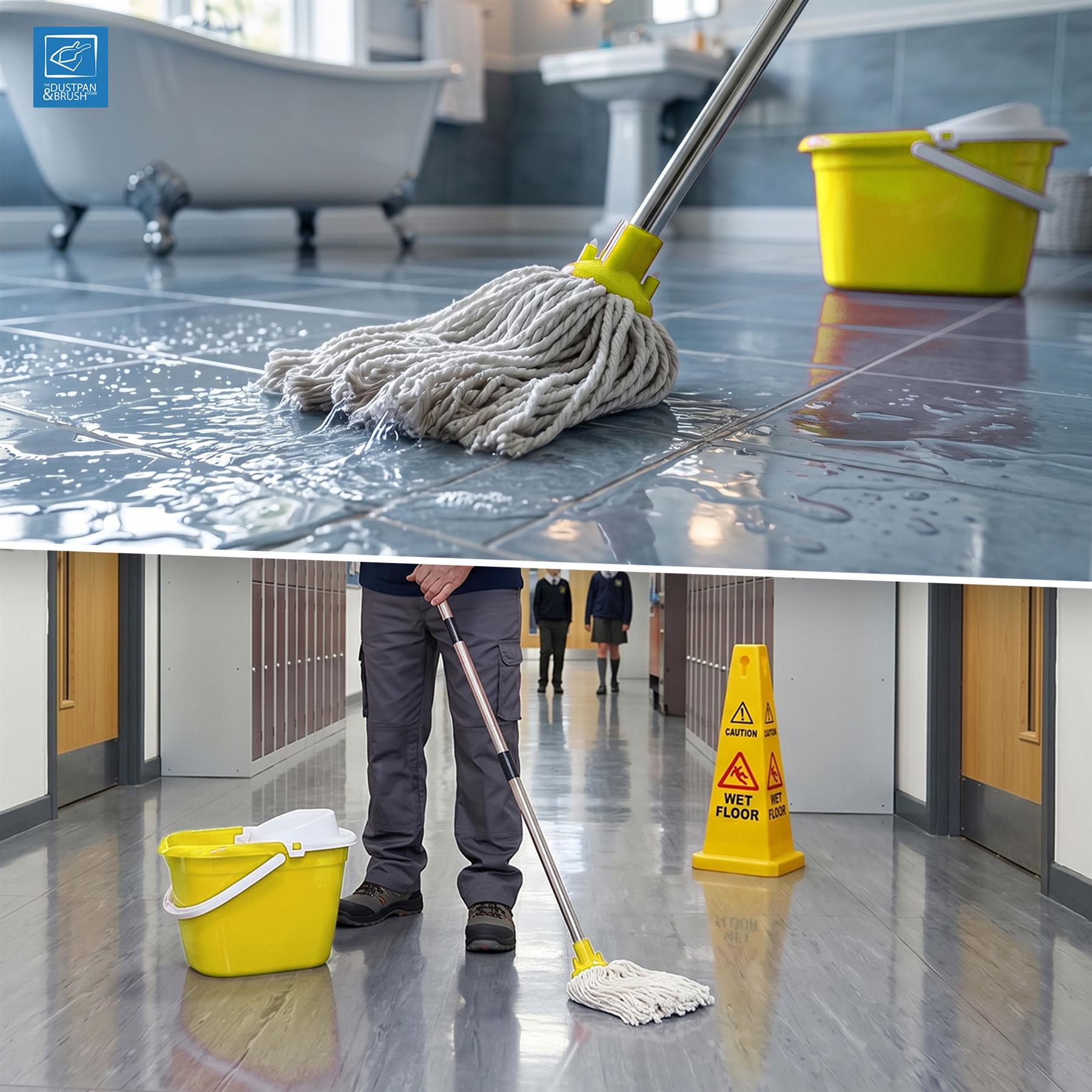Mopping a floor with a yellow bucket and mop, followed by a person mopping a different floor with a caution sign.