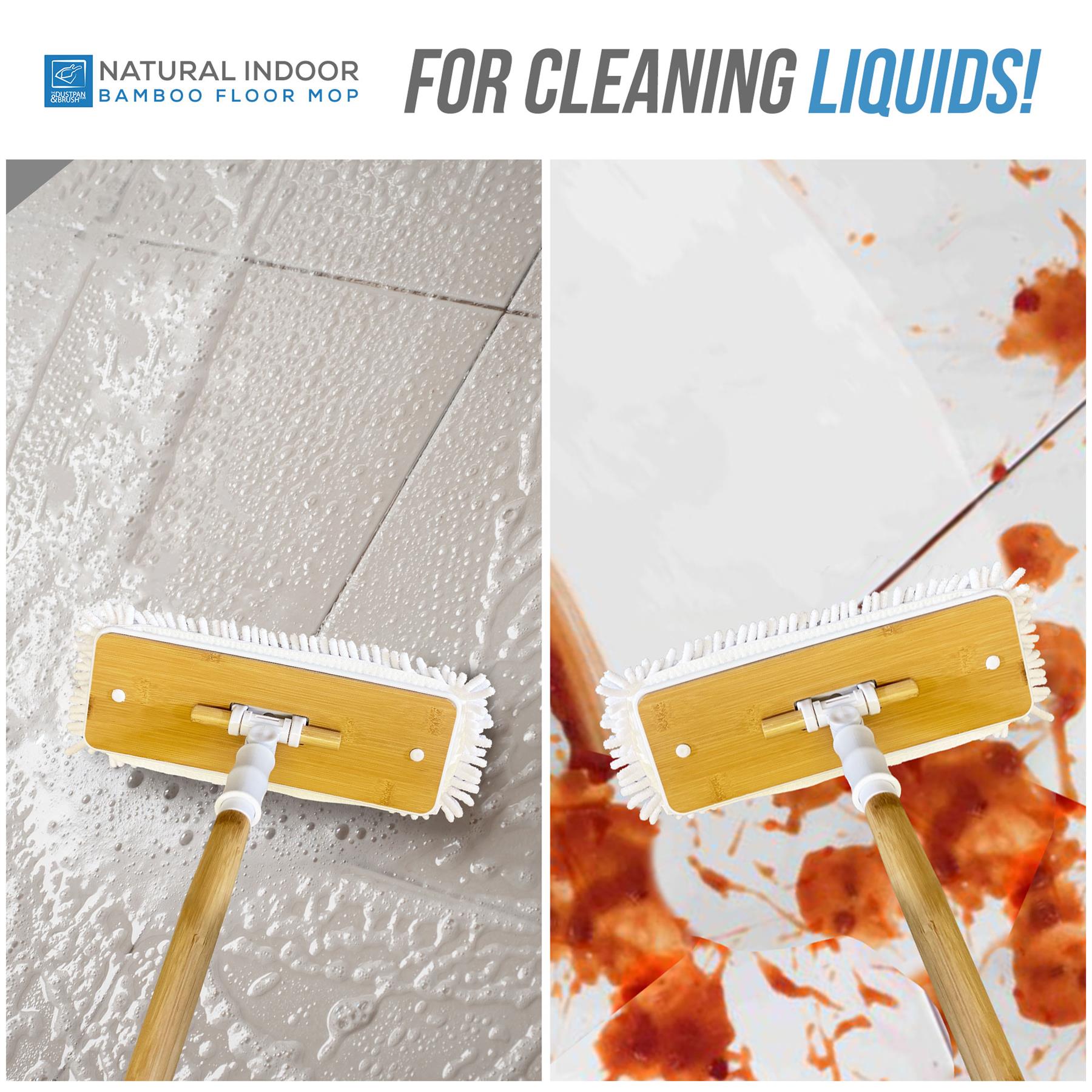 Environemental shots Bamboo Microfibre Floor Mop cleaning bathroom and kitchen tiles - cleaning liquids with the bamboo floor mop form the dustpan and brush store