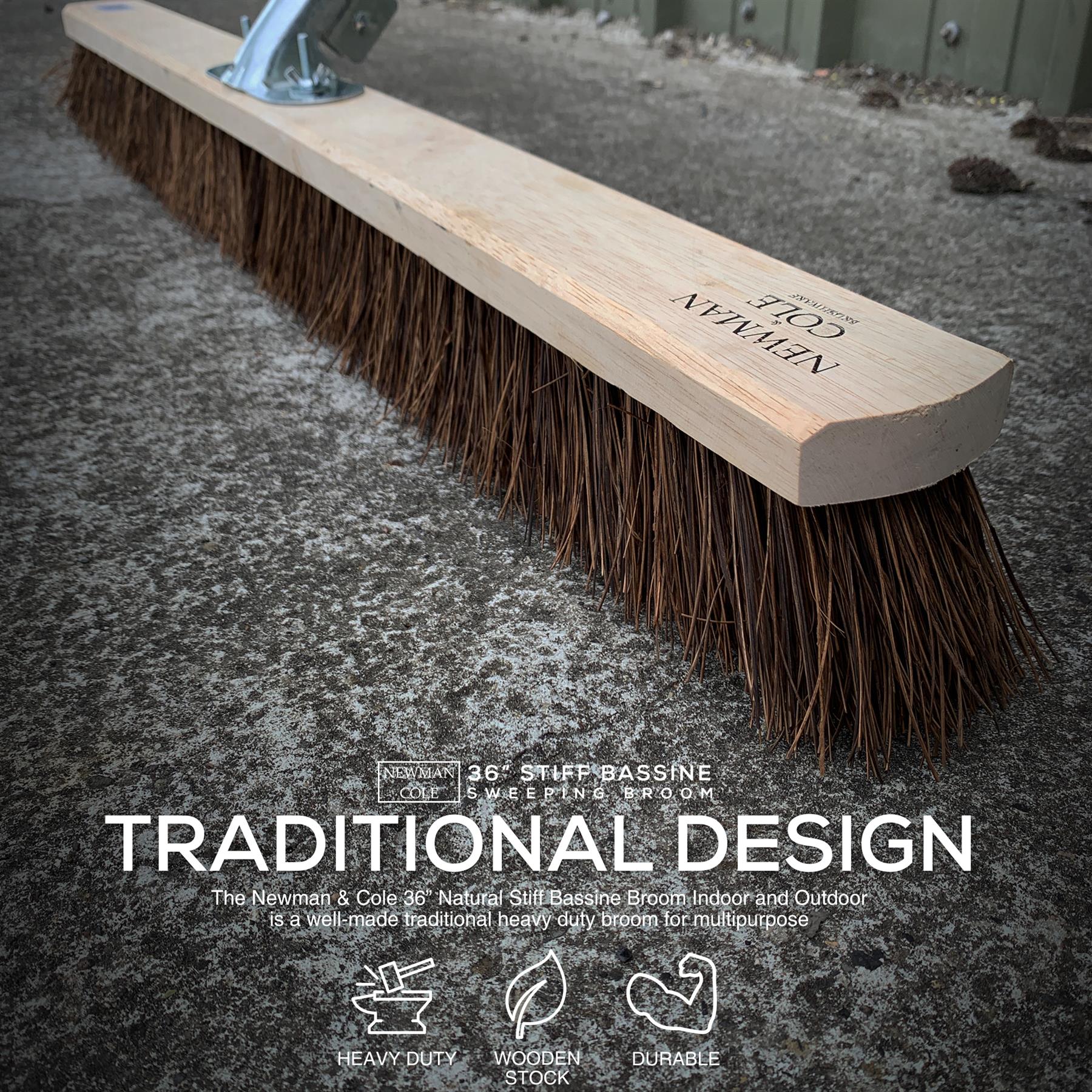 36" Newman & Cole Stiff Bassine Broom with Metal Bracket & Handle - The Dustpan and Brush Store