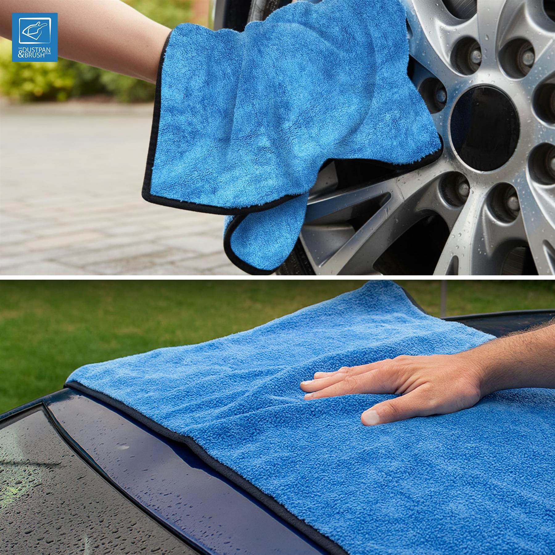 A blue microfibre car wash cloth with black trim is shown being used to clean a car wheel and a wet car windshield. The top panel shows a hand wiping a silver alloy wheel, and the bottom panel shows a hand smoothing out the blue towel on the car's hood.