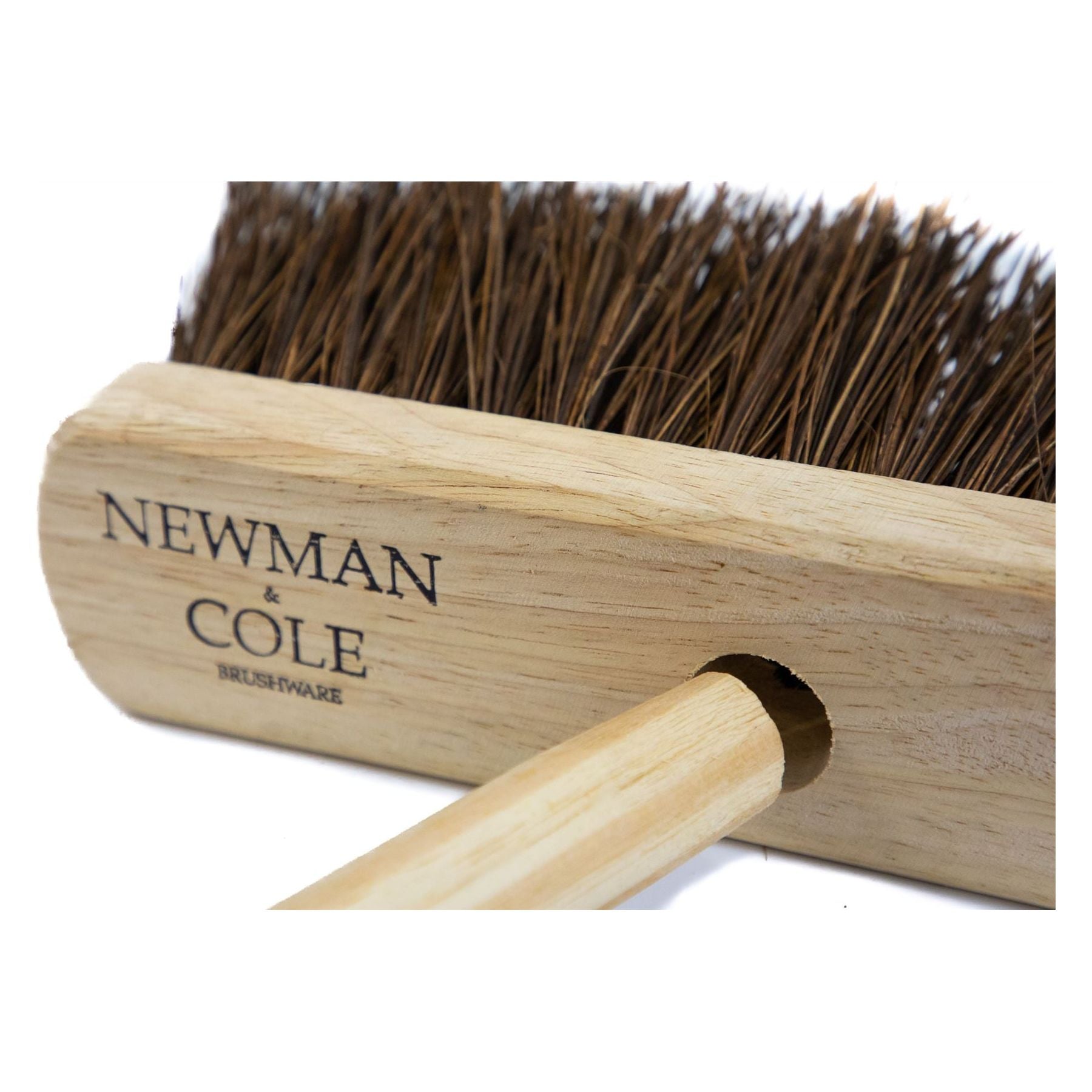10" Newman and Cole Natural Stiff Bassine Broom Head with Hole and Wooden Handle - The Dustpan and Brush Store