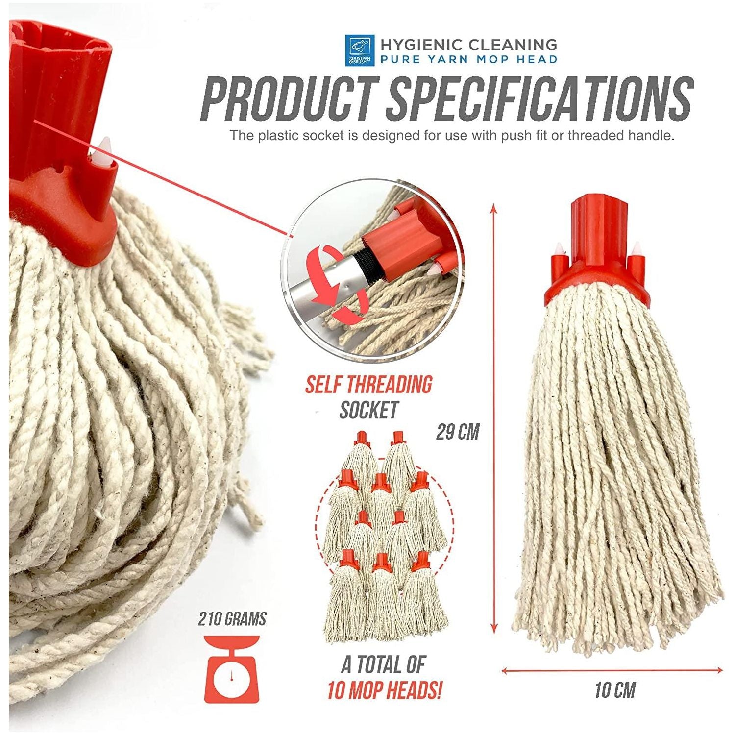 Colour Coded Red Cotton Mop Head 12PY - Pack of 10 - The Dustpan and Brush Store