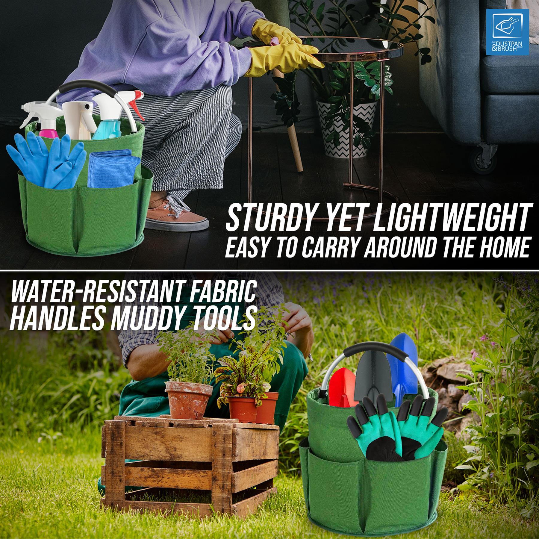 A green fabric garden tool caddy shown in two lifestyle settings: one being carried by a person in a purple hoodie and yellow gloves while kneeling beside a table, and another on a grassy lawn with gardening tools inside. The image includes text overlays highlighting its durability, lightweight design, and water-resistant fabric.