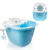 A light blue and white plastic wringer bucket with a hanging cord, shown alongside a smaller inset view of the lid and foot pedal assembly on a white background.