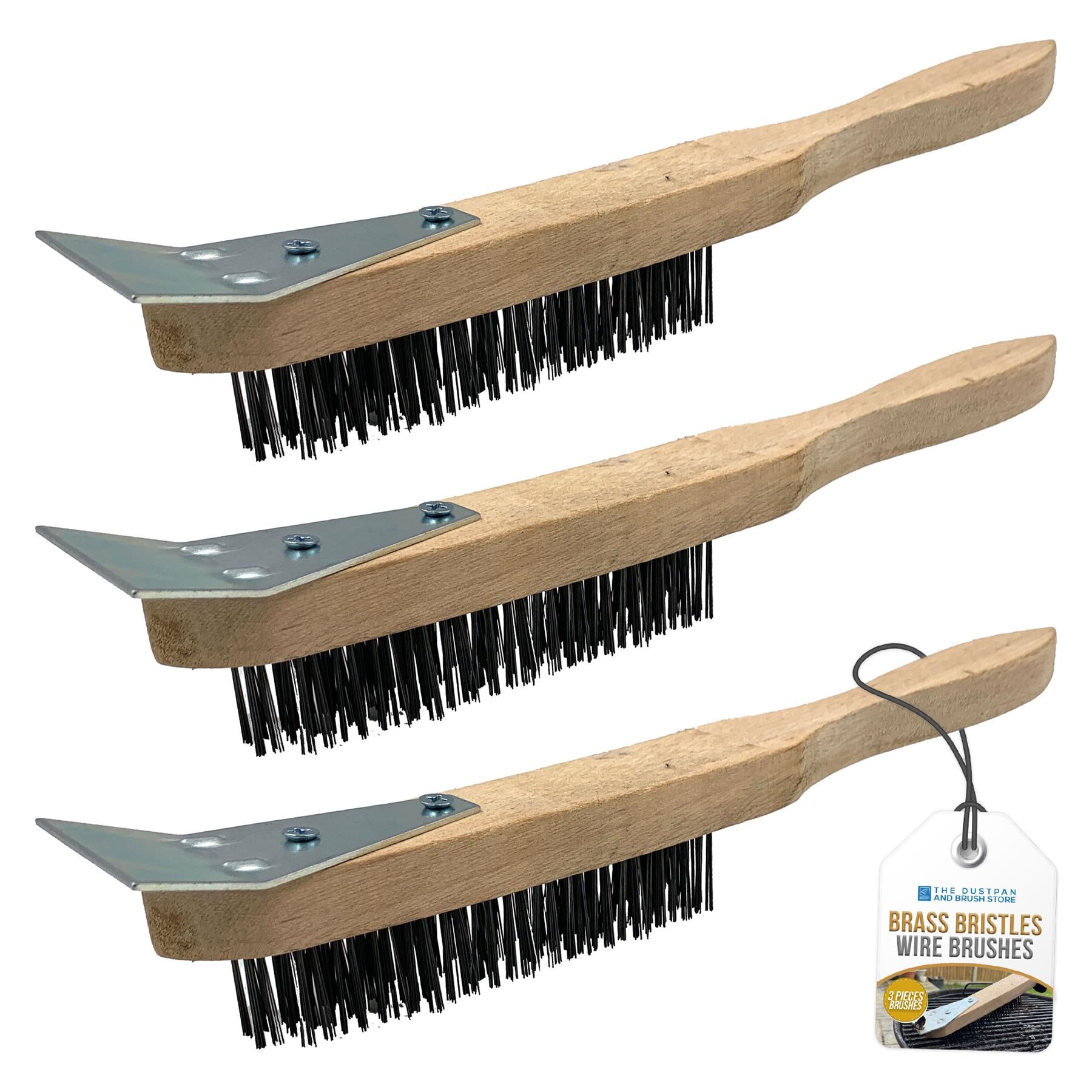 Three brass wire cleaning brushes with light wood handles and black bristles, arranged diagonally on a white background with a small product tag attached.