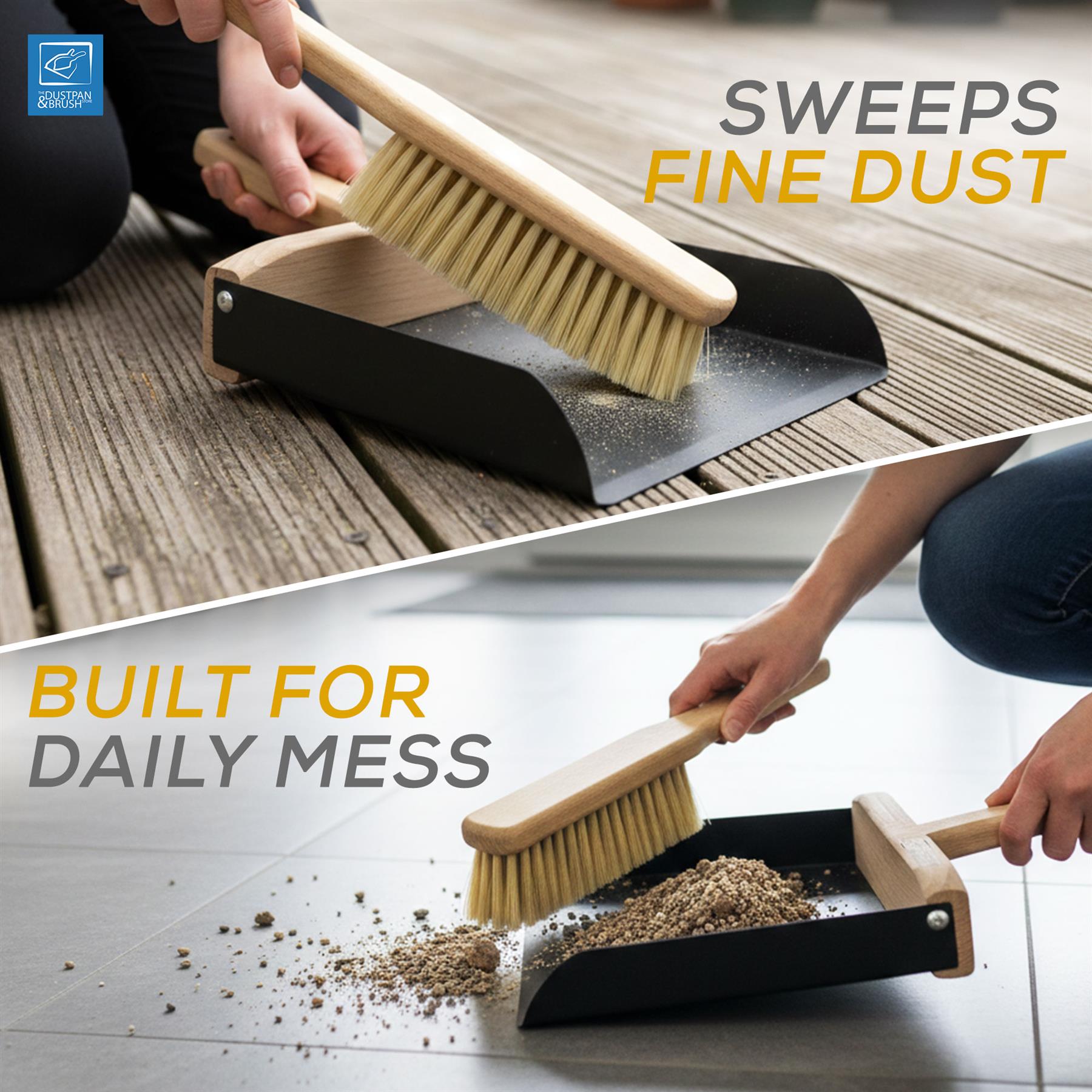 Two-panel product demonstration of a black dustpan with a wooden-handled cleaning brush. The top panel shows sweeping fine dust on a wooden deck, and the bottom panel shows sweeping dry debris from tiled flooring.
