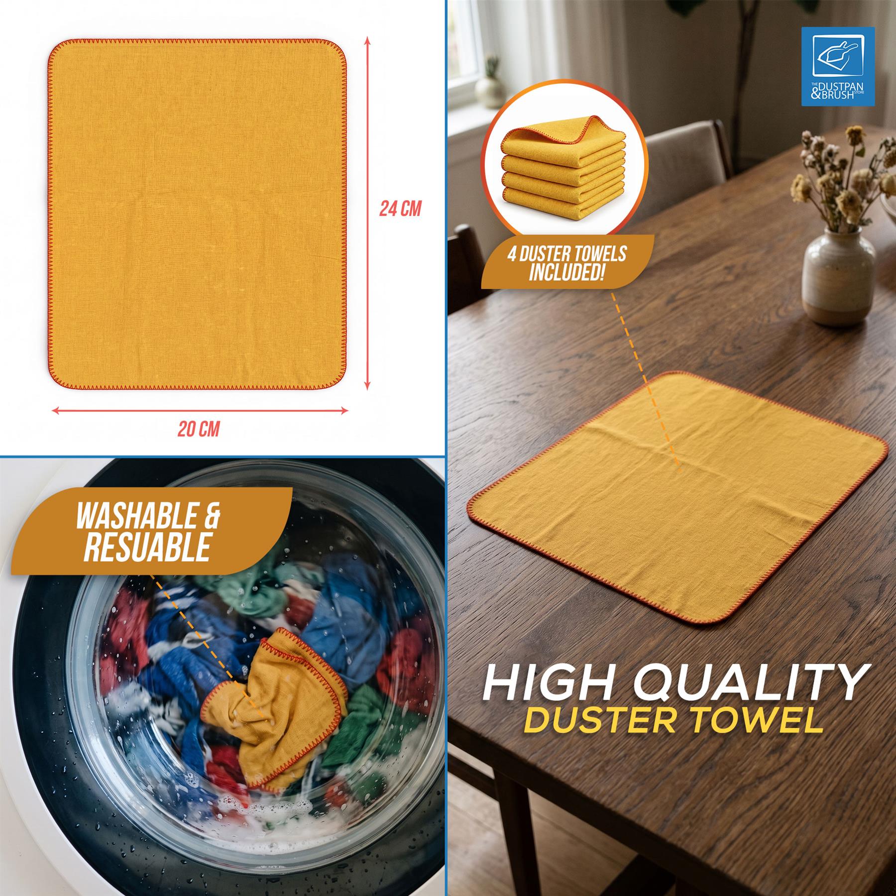 A yellow reusable duster shown in multiple panels: a top-left diagram with dimensions 24 cm by 20 cm, a bottom-left inset showing it being washed in a laundry machine, and a right panel showing it laid on a wooden table with text reading 'HIGH QUALITY DUSTER TOWEL' and a badge saying '4 DUSTER TOWELS INCLUDED!'.