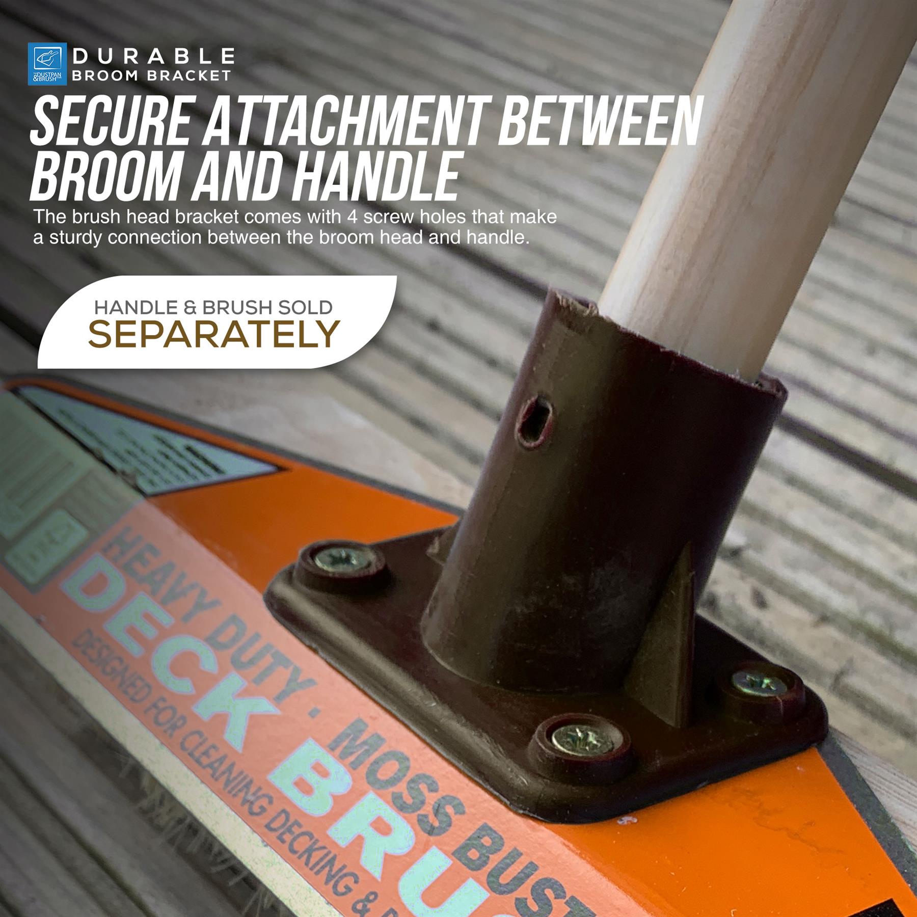 Close-up of a broom head and handle attachment showing the secure connection between the broom and handle, with product text overlays explaining the secure attachment.