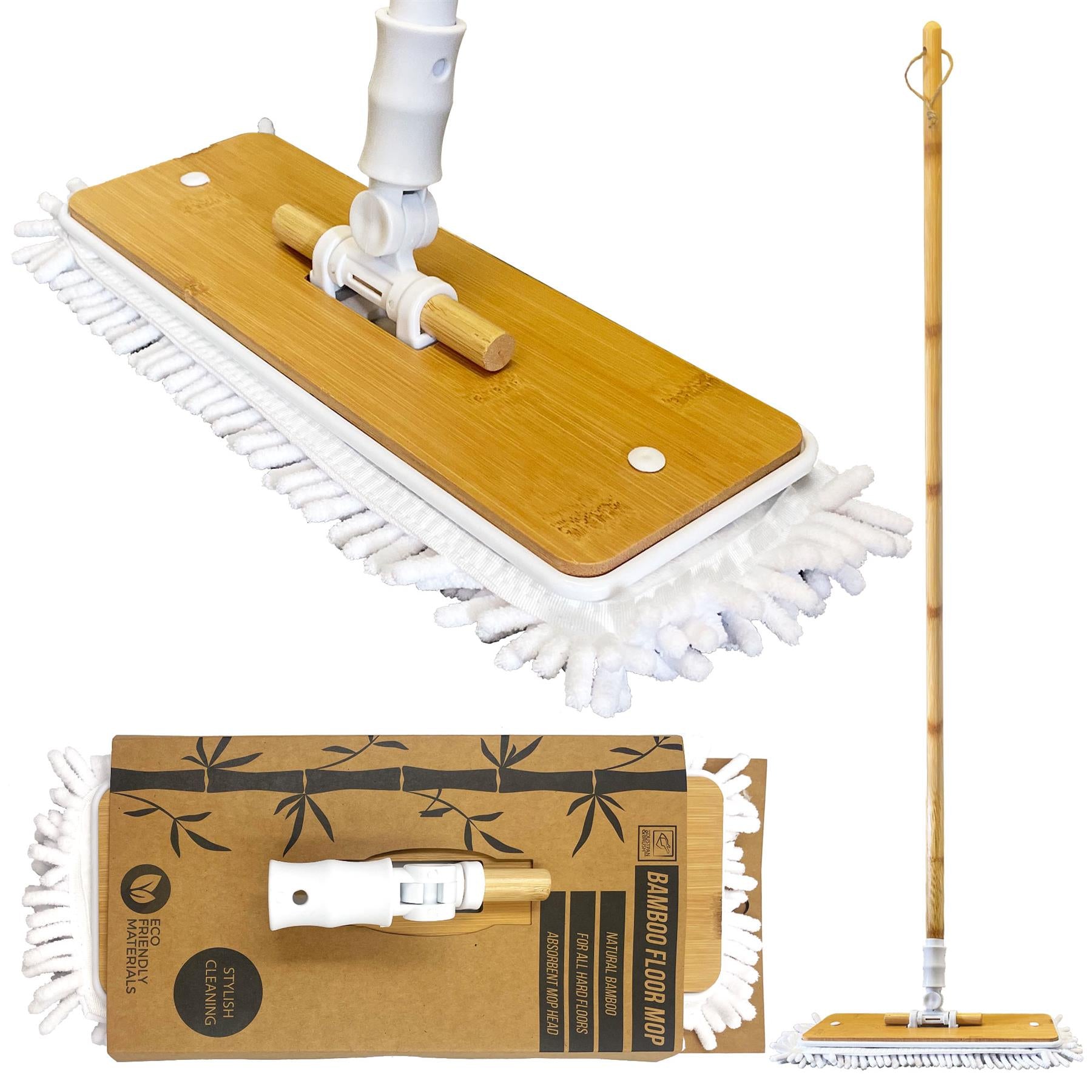 Bamboo floor mop with wooden handle, white bristles, and packaging on a white background