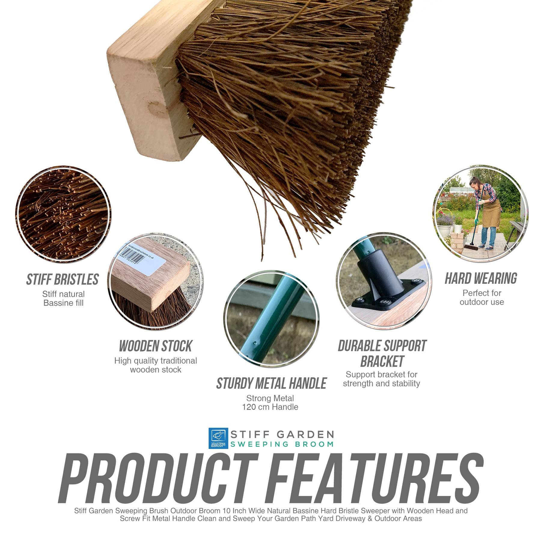 10" Stiff Bassine Broom with Metal Handle – Outdoor Yard Brush product features