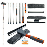 Collection of window cleaning tools including squeegees and scrubbers on a white background