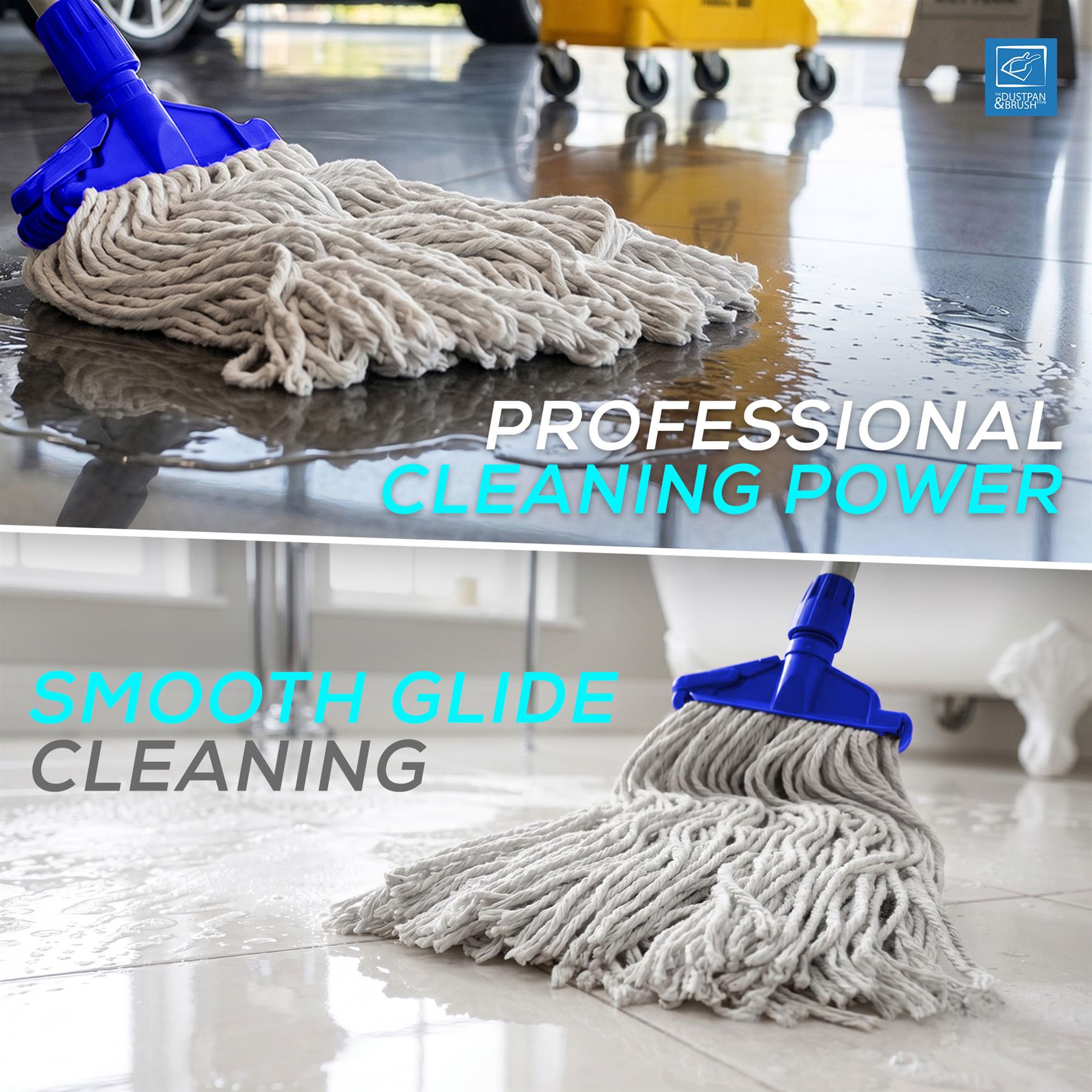 Mop cleaning a floor with text 'Professional Cleaning Power' and 'Smooth Glide Cleaning'.