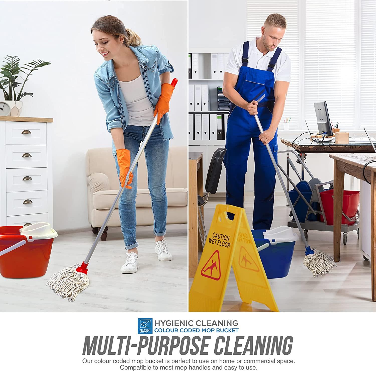 Two people cleaning with mop buckets and a 'Caution Wet Floor' sign, with text about hygienic cleaning.