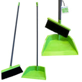 A three-piece plastic broom and dustpan set in bright lime green and dark grey, shown from multiple angles on a plain white background. One set is shown with the broom and dustpan together, and another set is shown with the broom angled over the dustpan.
