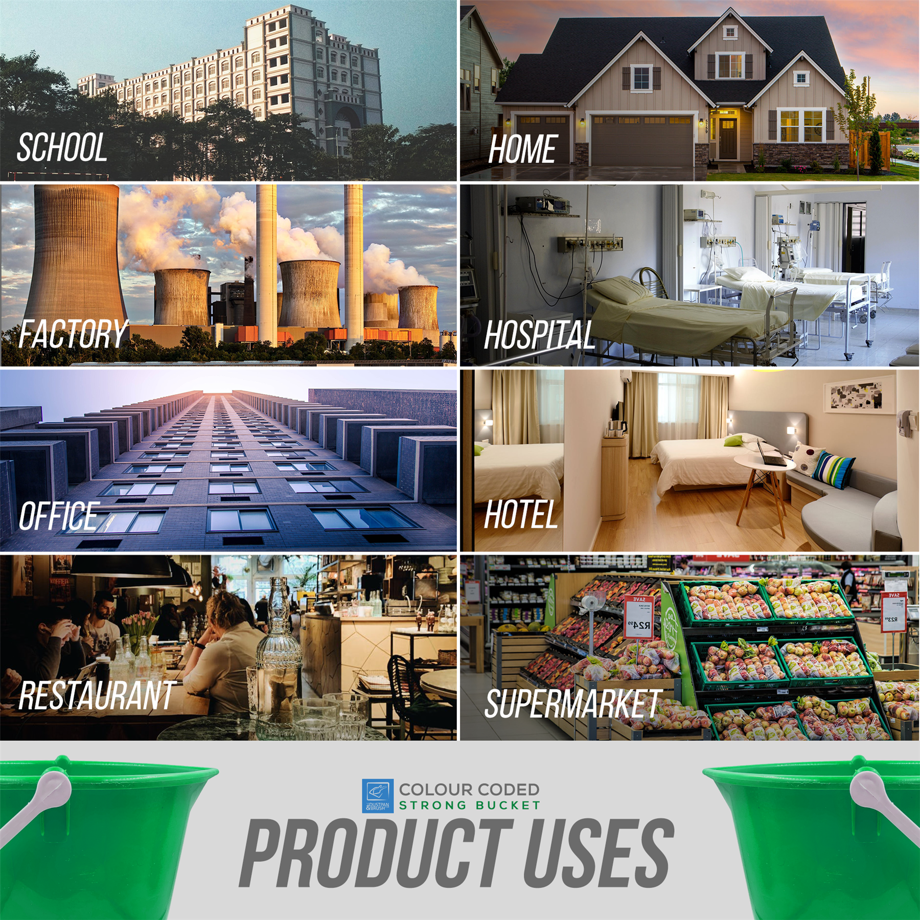 Collage of various building types with labels including School, Home, Factory, Hospital, Office, Hotel, Restaurant, Supermarket.