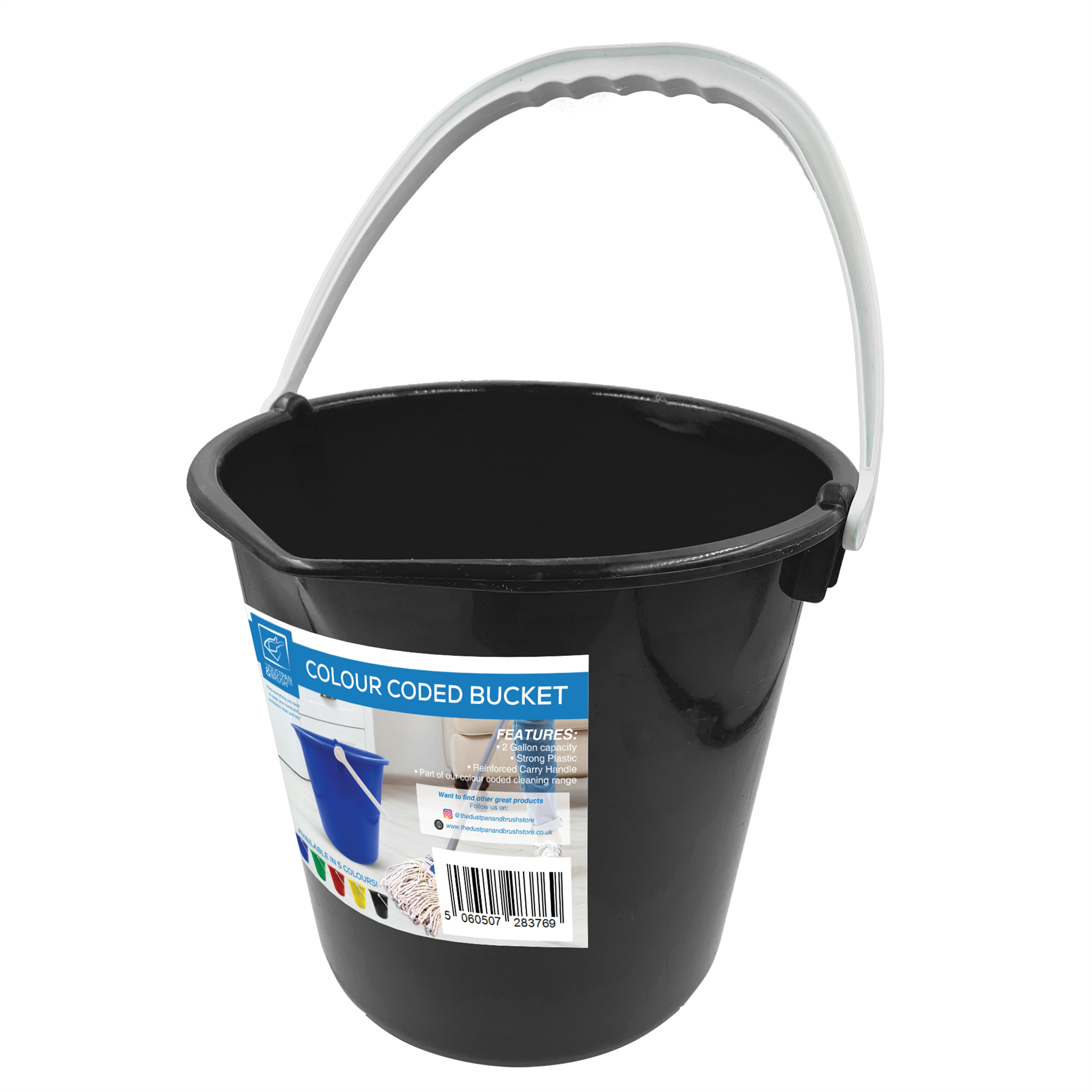 10L Black bucket with a white handle on a white background