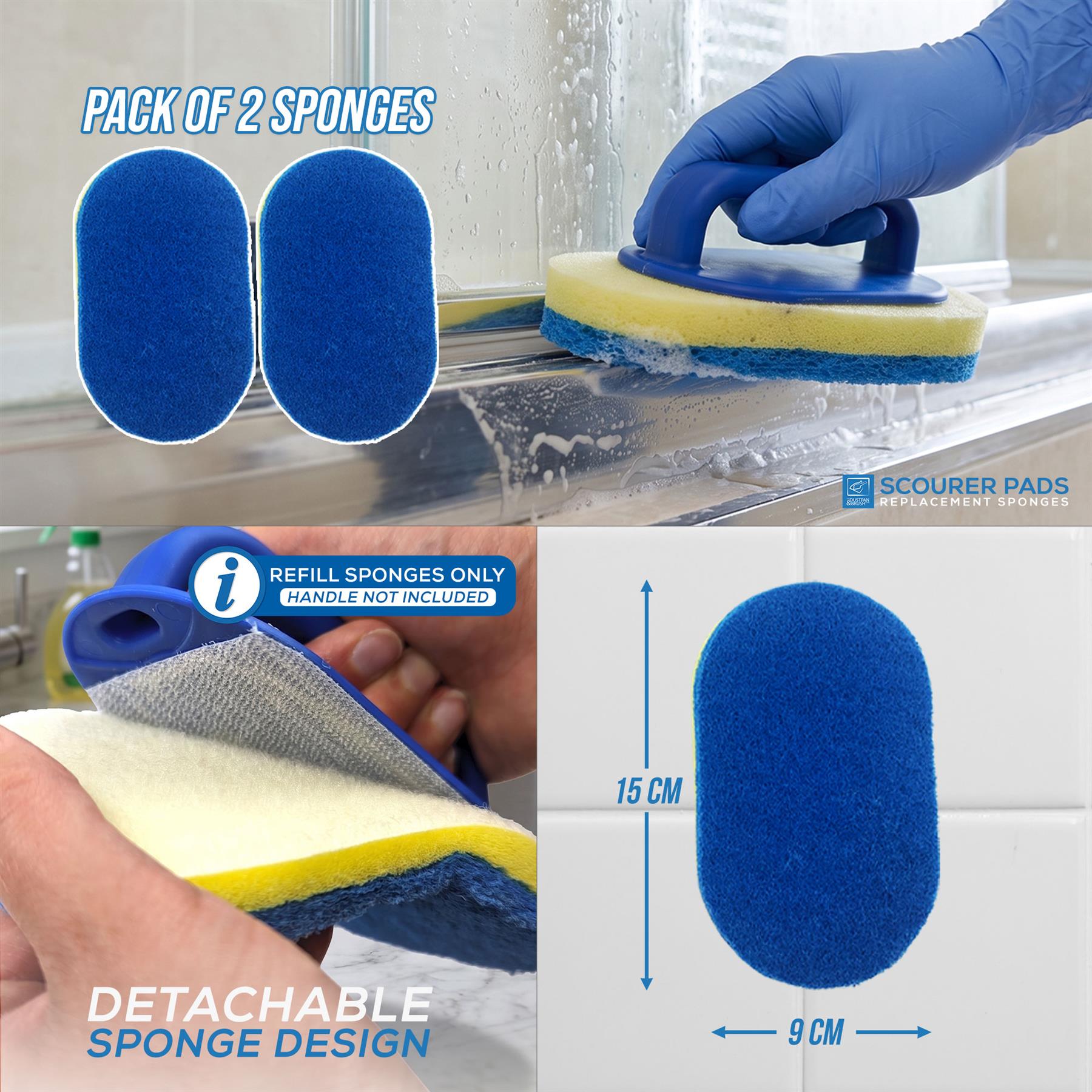 Pack of two detachable blue scourer pads with yellow and blue sponge bodies, shown with a gloved hand using one pad on a window, a refill instruction graphic, and a dimension diagram of 15 cm by 9 cm.