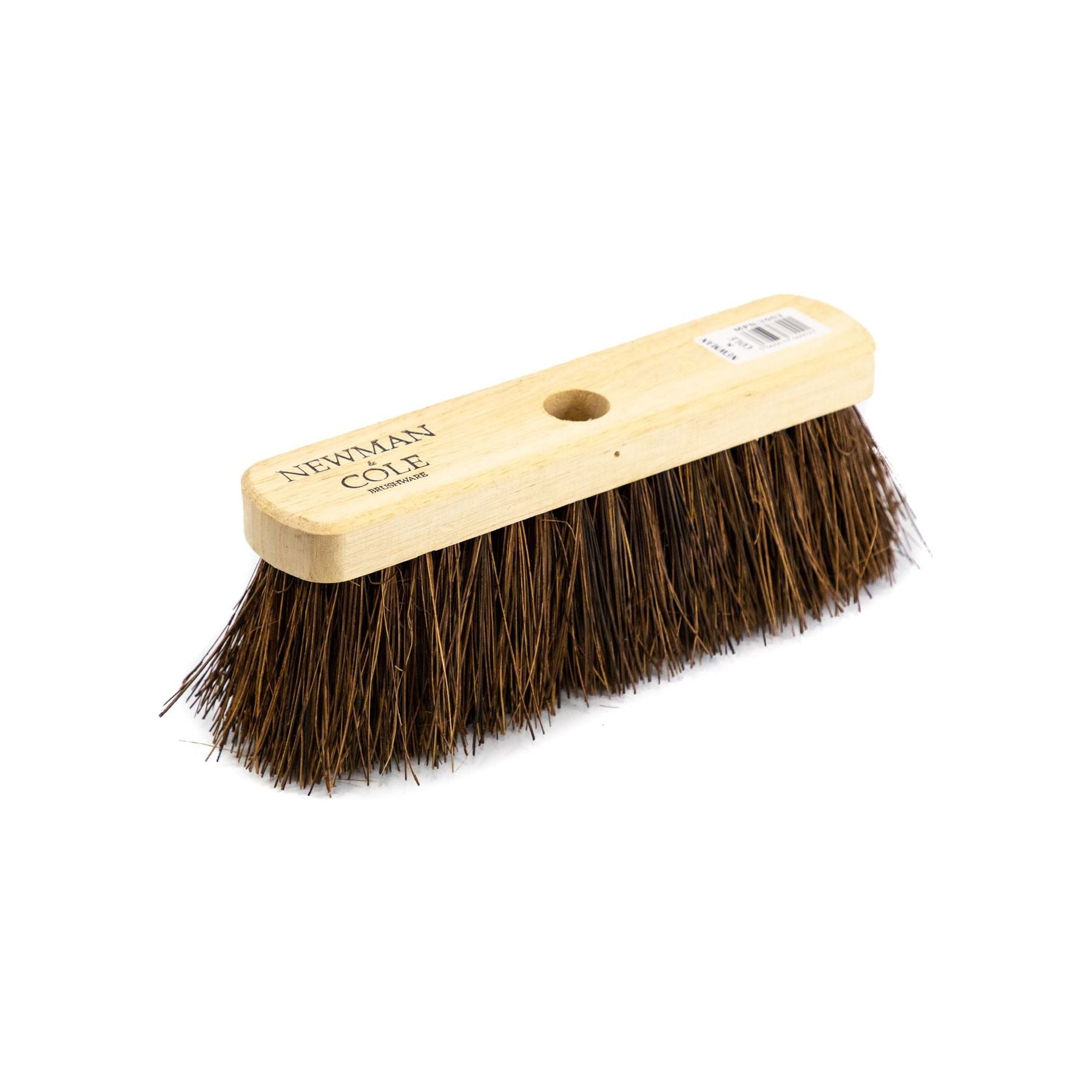 10" Newman and Cole Natural Stiff Bassine Broom Head with Hole and Wooden Handle - The Dustpan and Brush Store