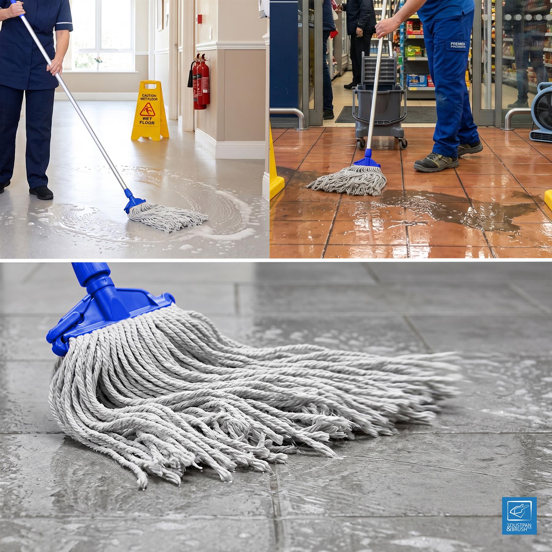 Collage of a person mopping floors with a close-up of the mop head.