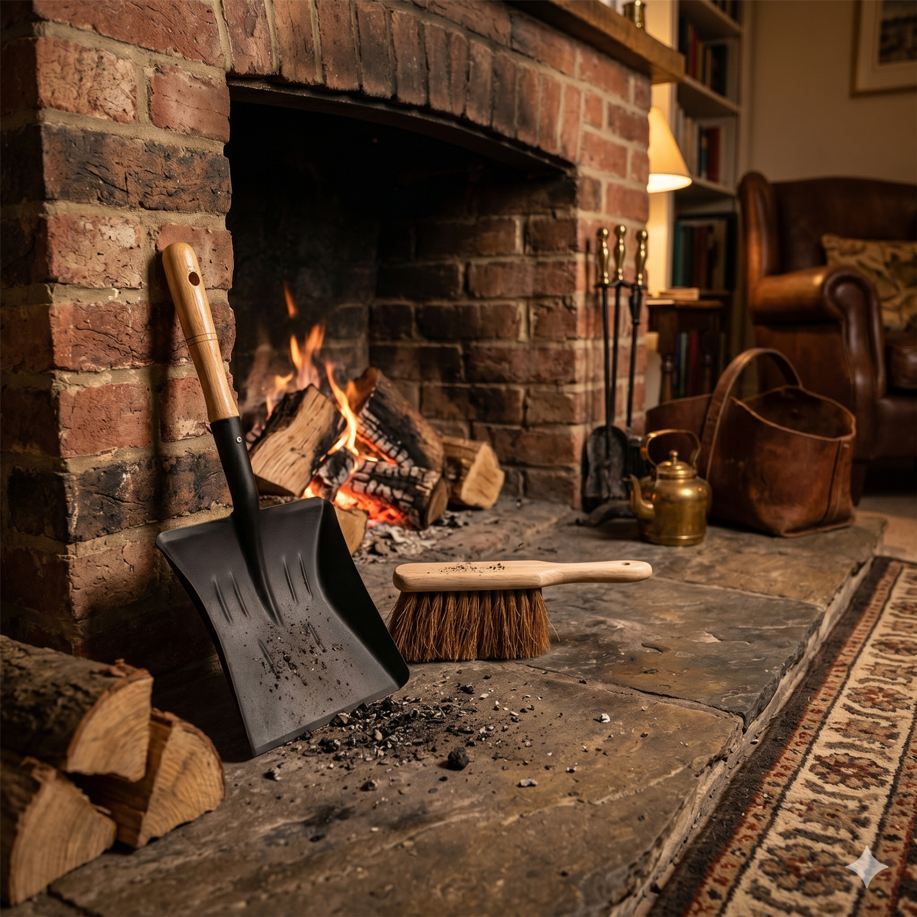 Cozy living room with a lit fireplace, logs, and fireplace tools.