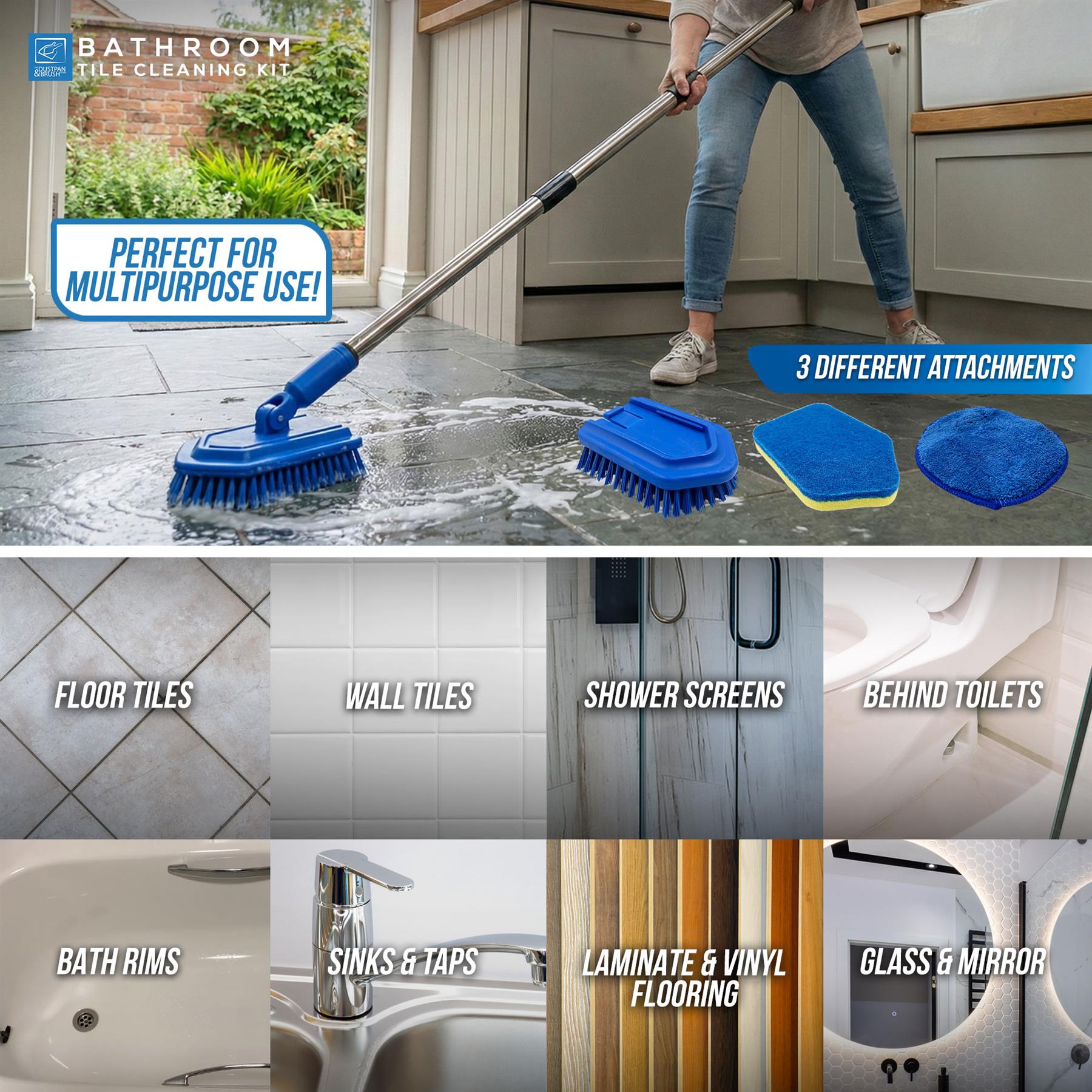 Bathroom tile cleaning kit with cleaning tool and attachments, used on various surfaces.