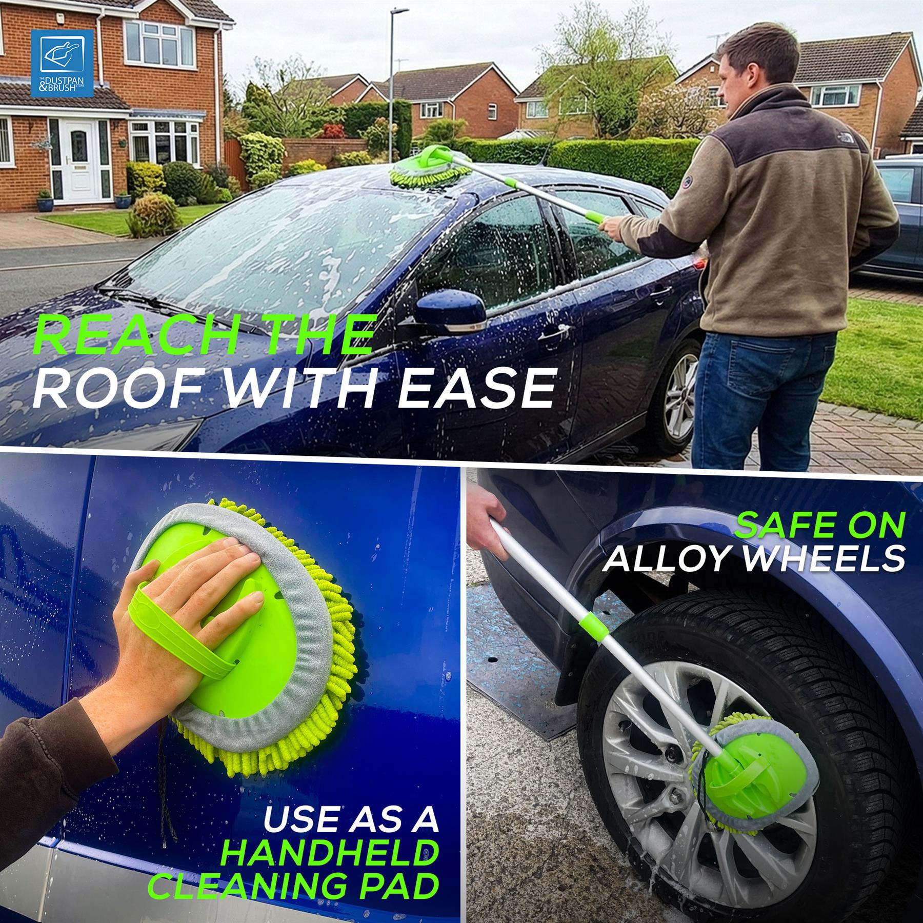 Person cleaning a car with a green cleaning pad, emphasizing ease of reaching the roof and safety on alloy wheels.