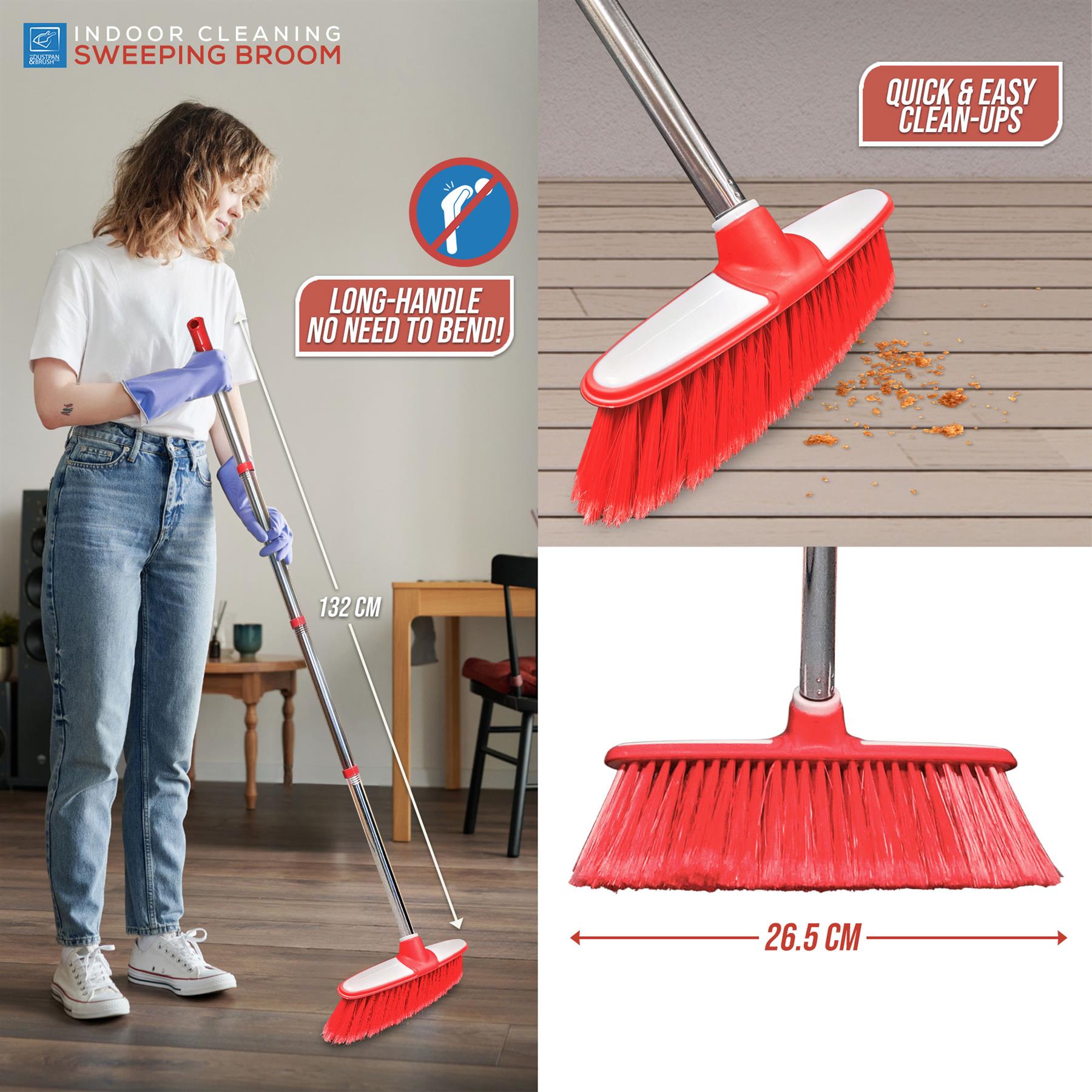 Person using a red sweeping broom with measurements and text on a wooden floor.