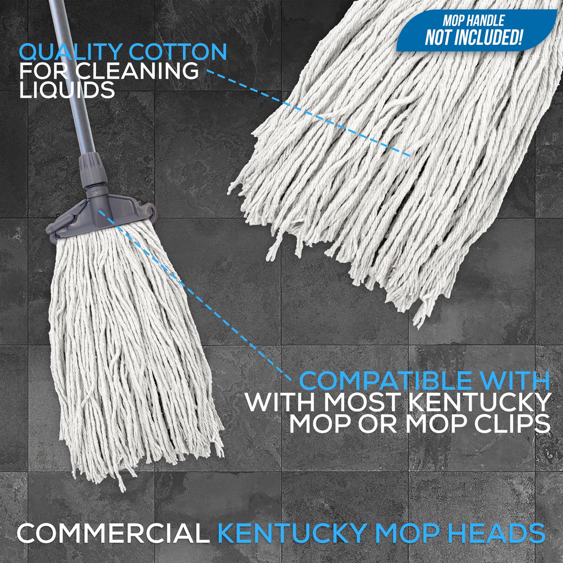 Kentucky mop head is compatible with most Kentucky mops clips, on a black tiled bathroom floor with a mop visible in the image