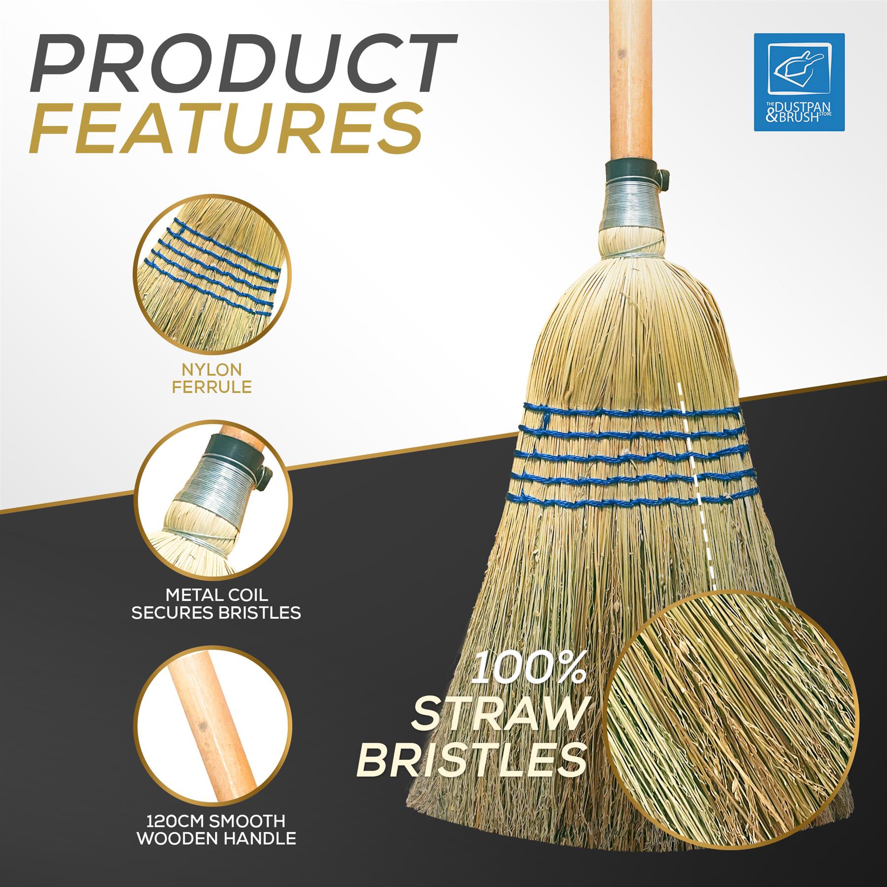 A straw broom with a wooden handle and blue bands, shown on a split white and dark gray background with product feature callouts and circular close-ups of the nylon ferrule, metal coil, and bristles.