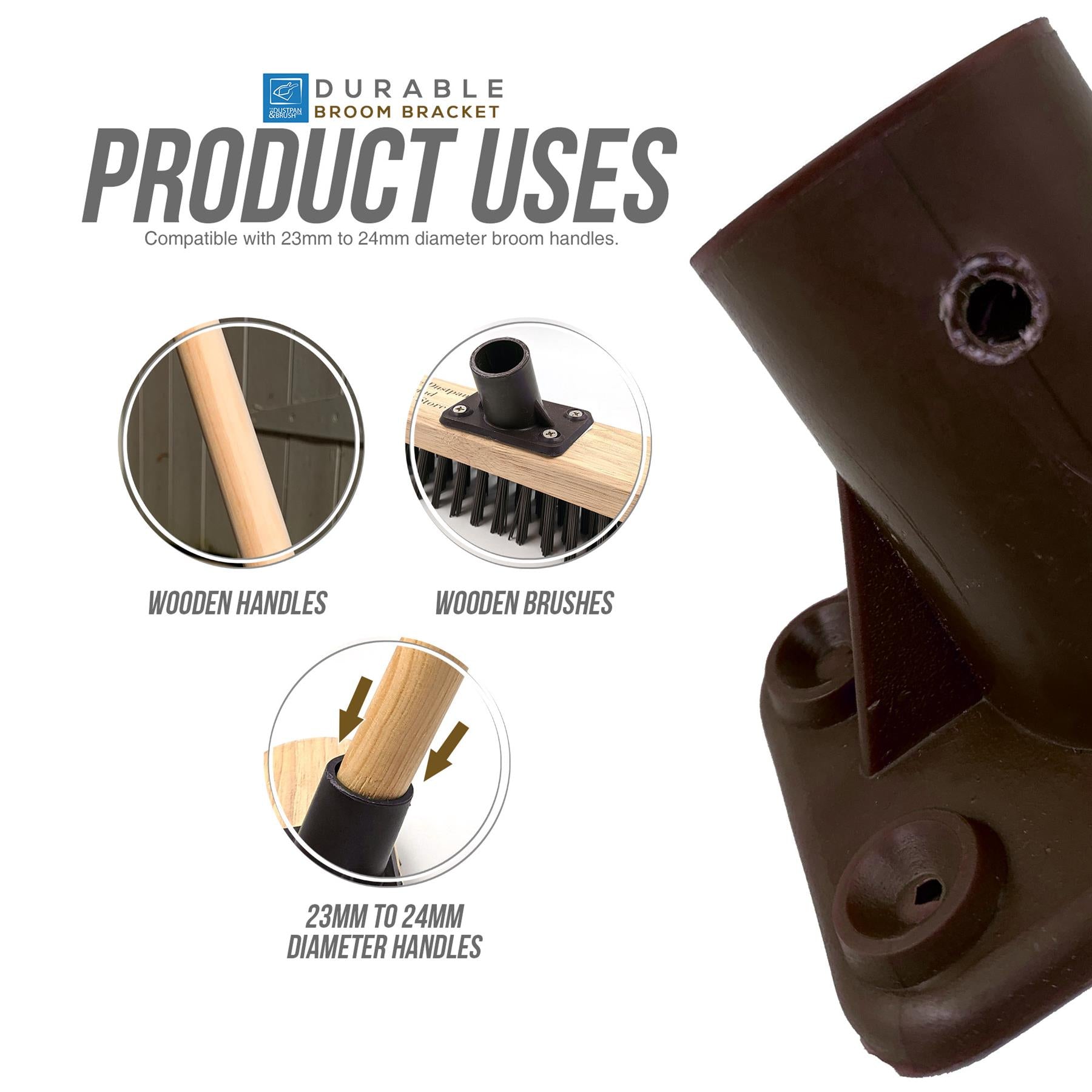 Brown plastic durable broom bracket shown on a white background with text reading 'Product Uses' and three circular inset images demonstrating use with wooden handles and brushes.