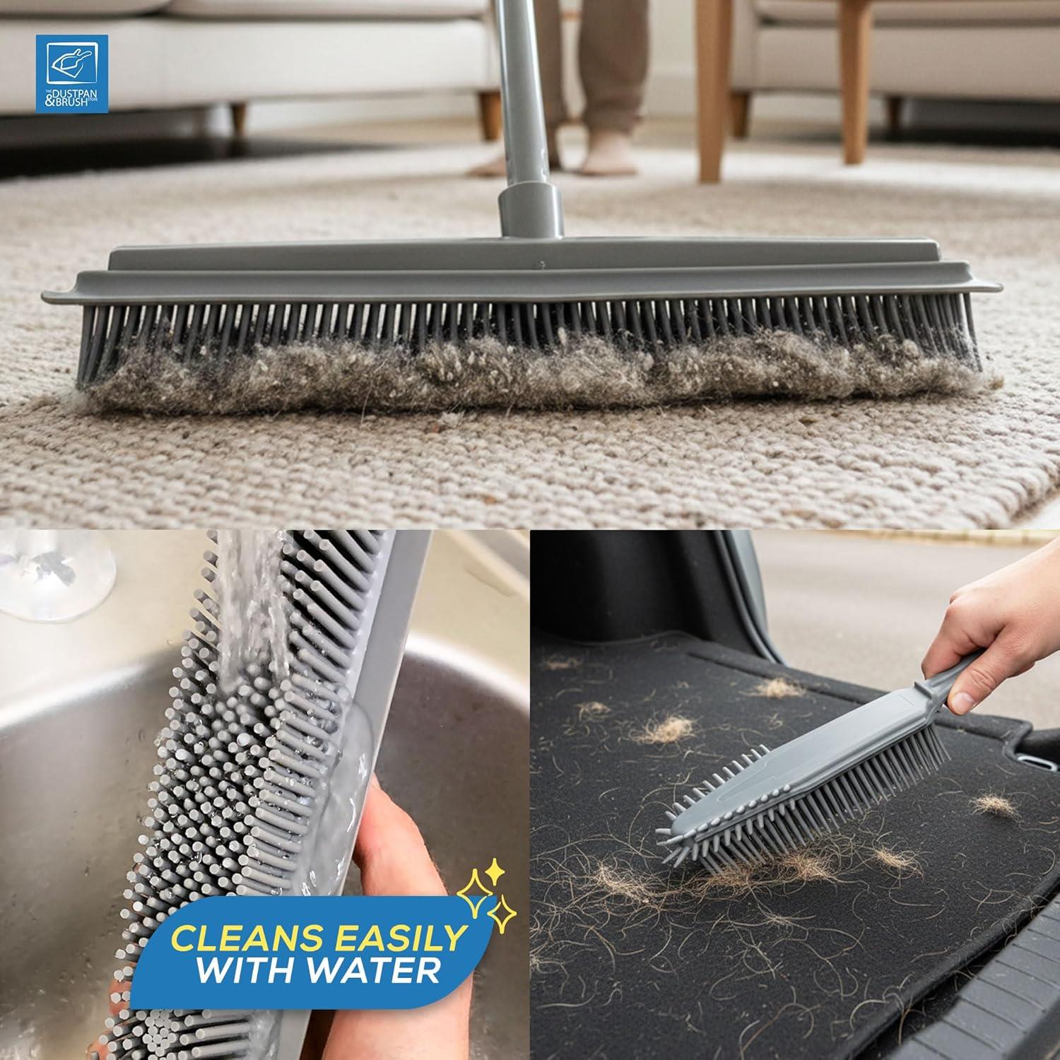 A collage showing a grey pet grooming brush being used on a carpet, held under running water in a sink, and brushed over a black car mat with hair and debris. The top panel shows a person's legs in a living room background, and a blue logo and 'CLEANS EASILY WITH WATER' text appear on the image.