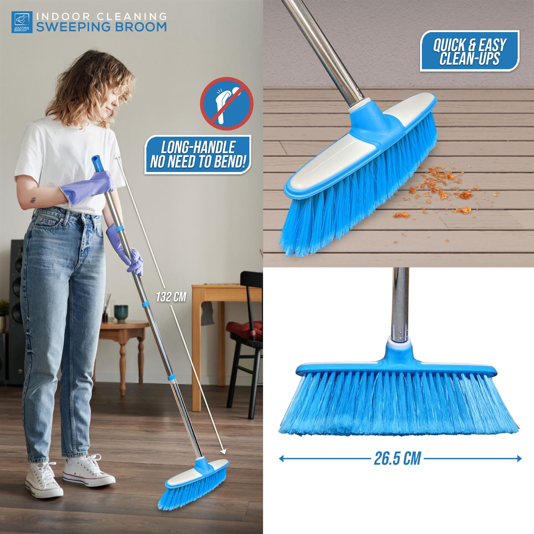Blue & White Indoor Broom with 4 Piece Stainless Steel Handle - The Dustpan and Brush Store