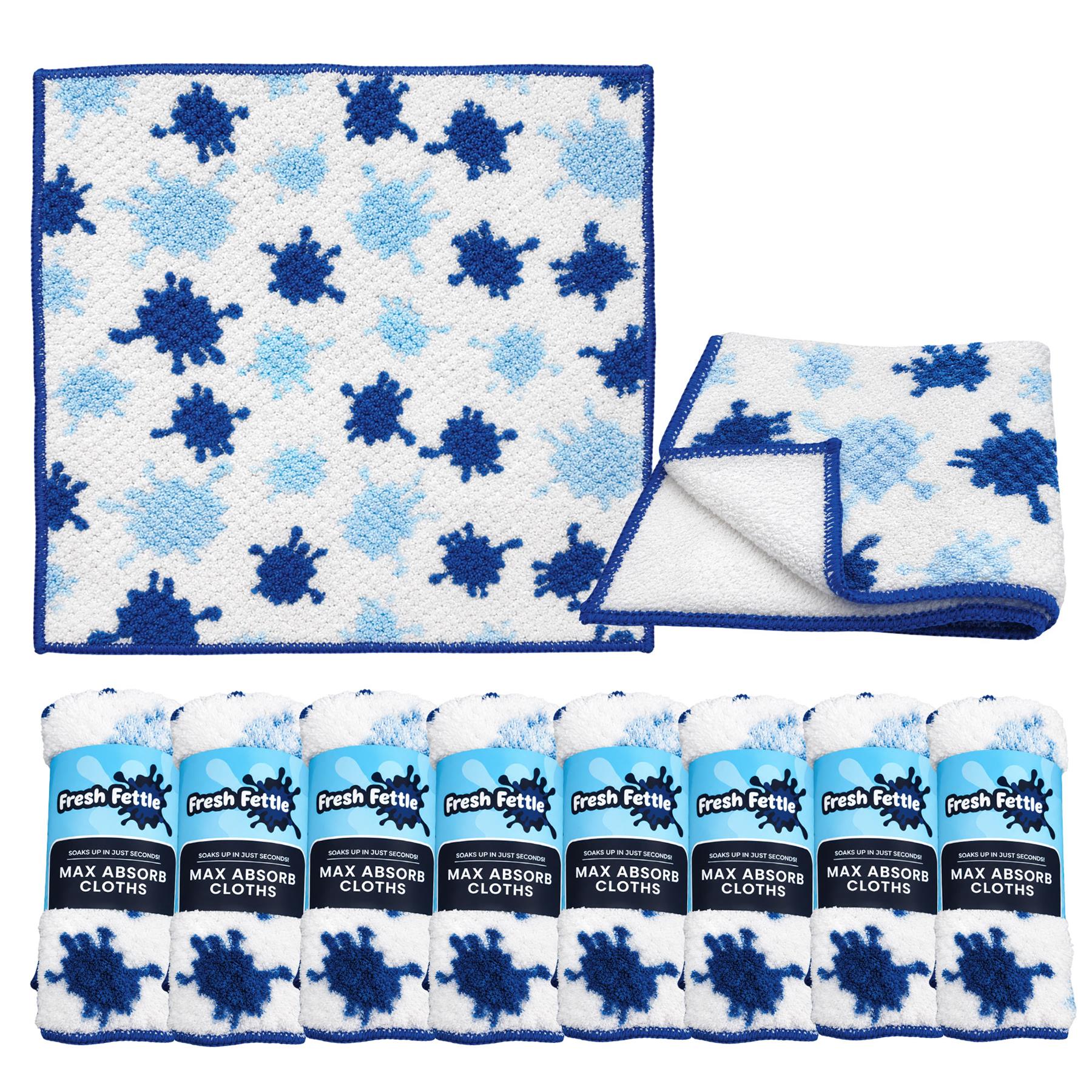 Pack of 8 Fresh Fettle Max Absorb Microfibre Cloths on a white background