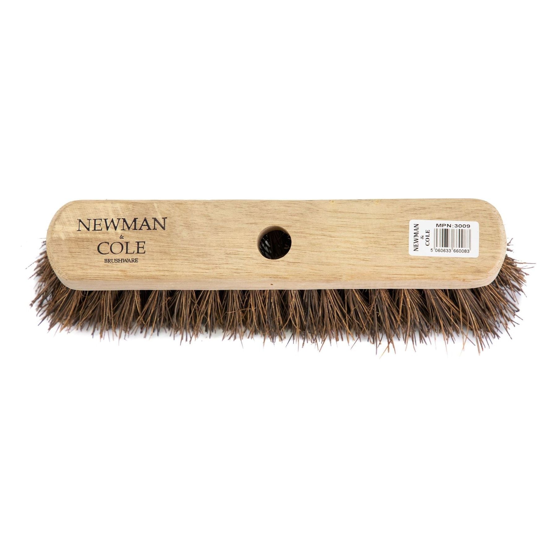 12" Newman and Cole Natural Stiff Bassine Broom Head with Hole and Wooden Handle - The Dustpan and Brush Store