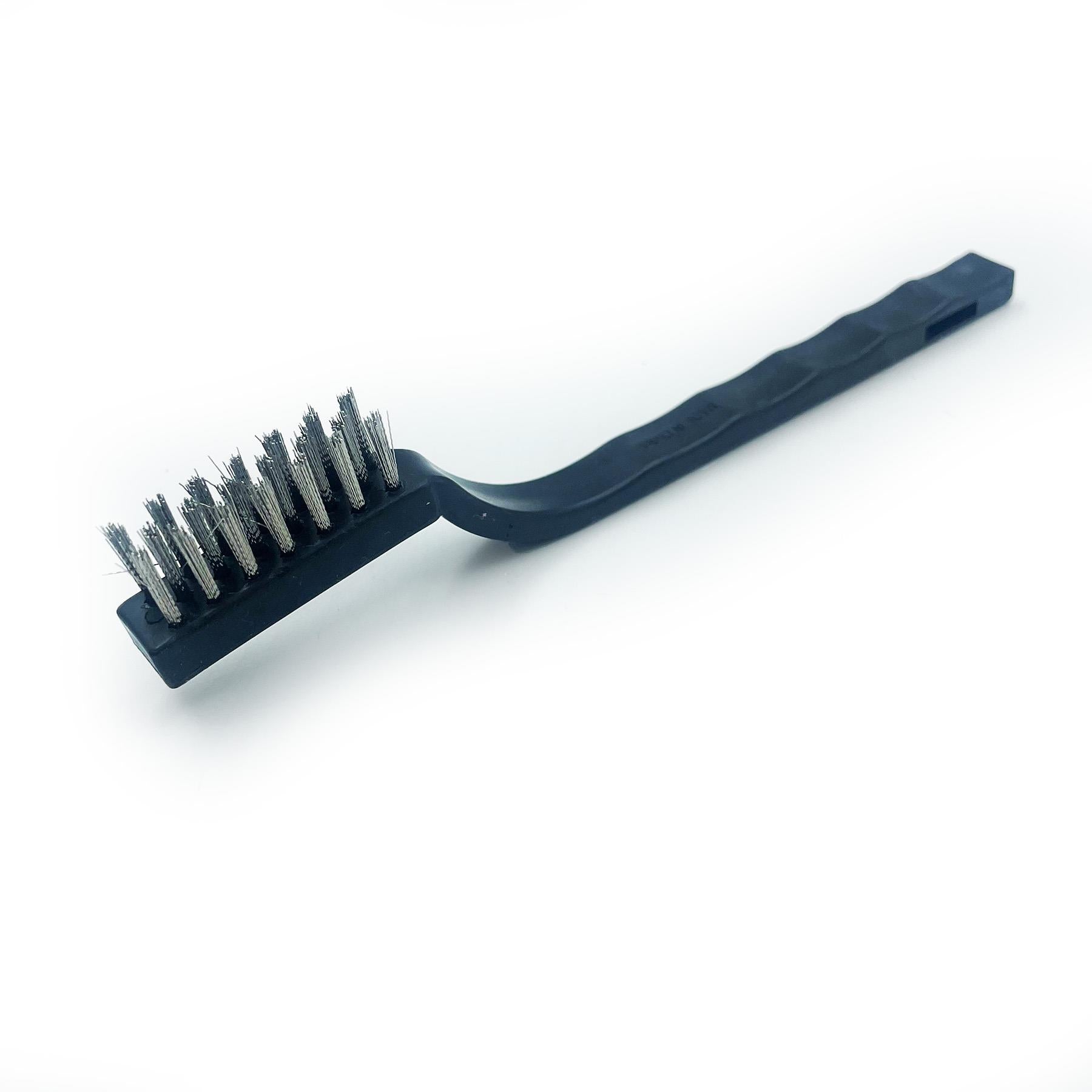 A small steel wire brush with a blue handle and silver wire bristles.