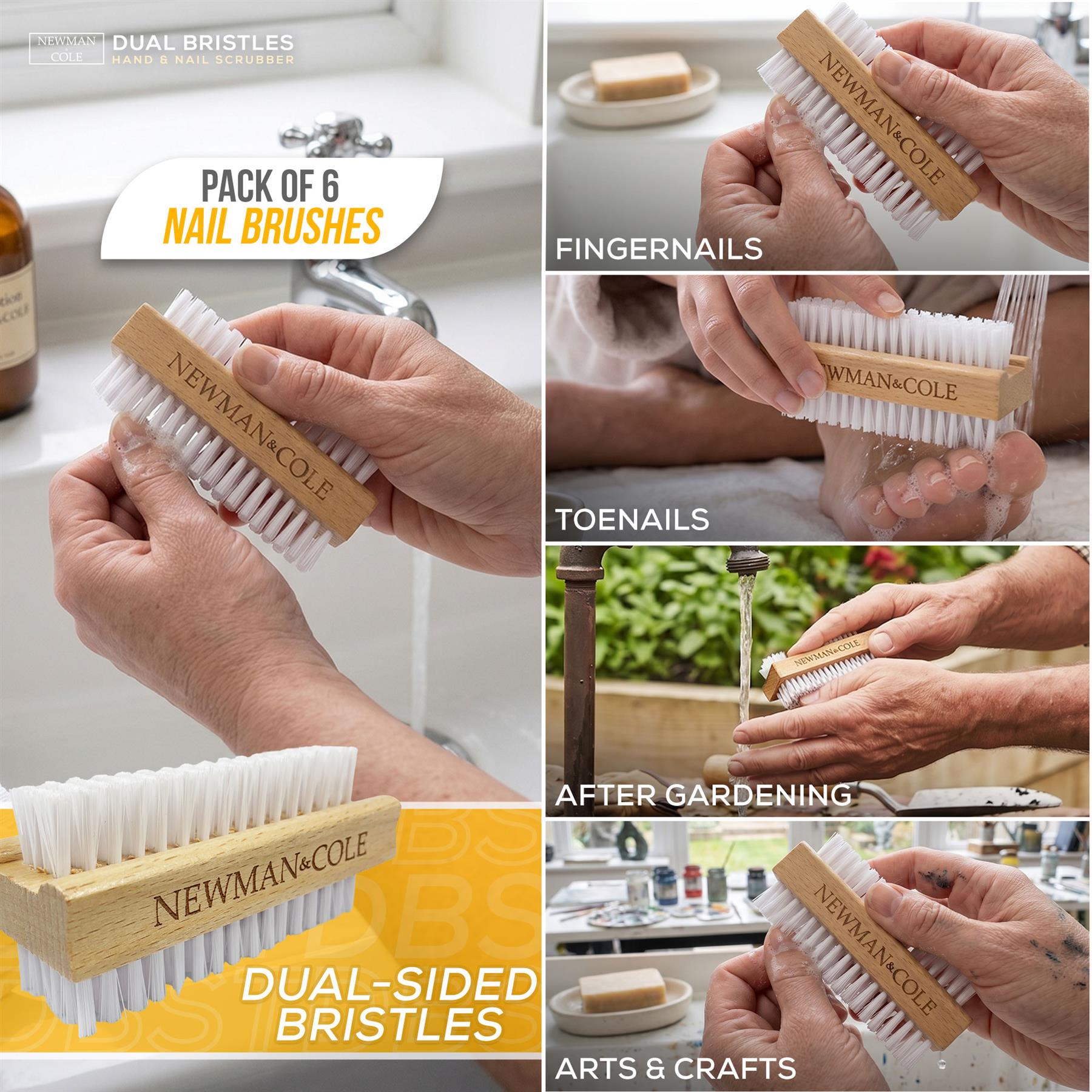Collage of a nail brush with dual-sided bristles being used for various purposes.