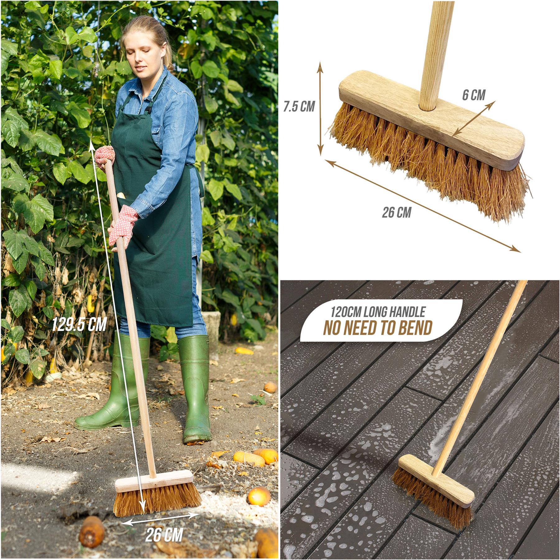 A collage showing a long-handled brush being used outdoors on a deck and garden, with inset close-ups of the brush head and dimension labels. A woman is visible in a real outdoor environment, so this is Lifestyle rather than Product/Packaging.
