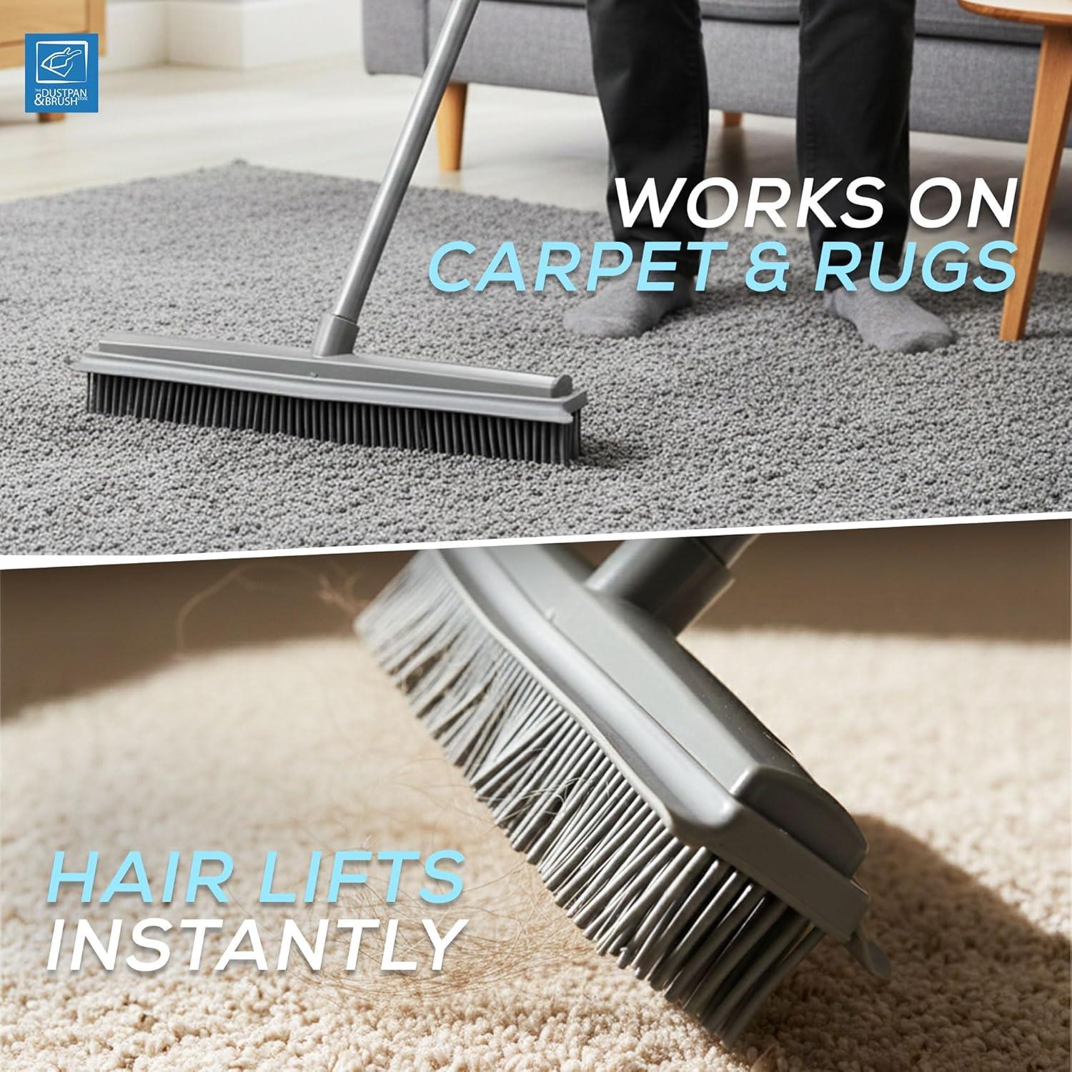 A carpet and rug cleaning brush shown in a split lifestyle scene: one half shows the grey broom head on a grey carpet with a person's legs visible, and the other half shows the brush lifting debris from a beige carpet. Text overlays read 'WORKS ON CARPET & RUGS' and 'HAIR LIFTS INSTANTLY.